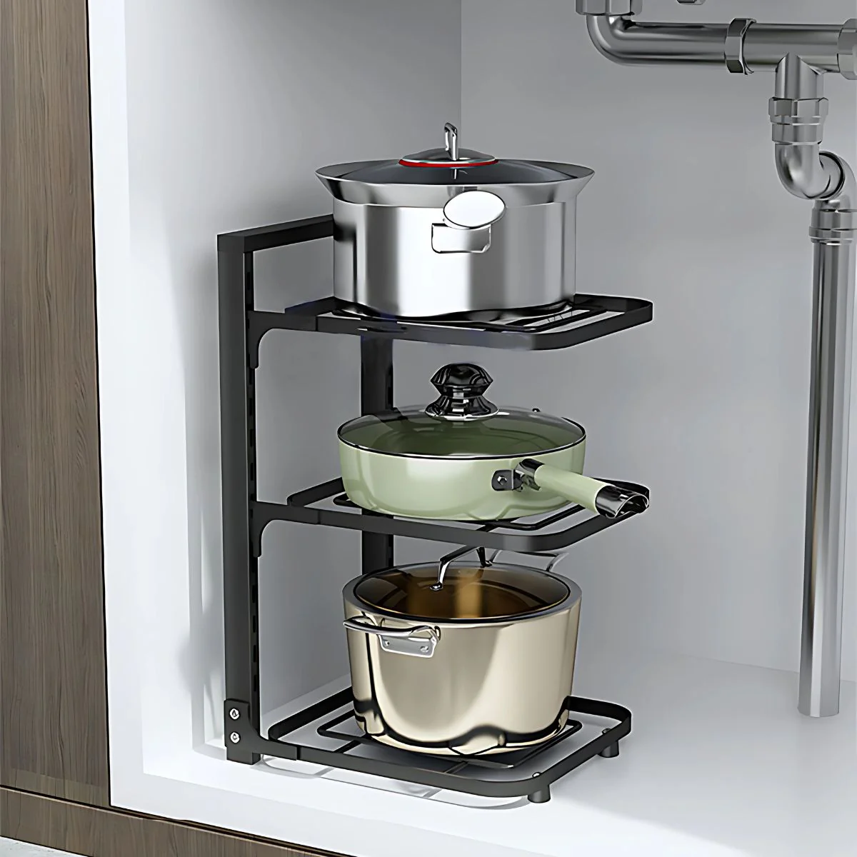 Estante Organizador Vertical. Ideal Para Ollas Y Sartenes. Estantería Ajustable De 3 Niveles. Para Cocina Debajo Del Fregador. Repisa De Almacenamiento.