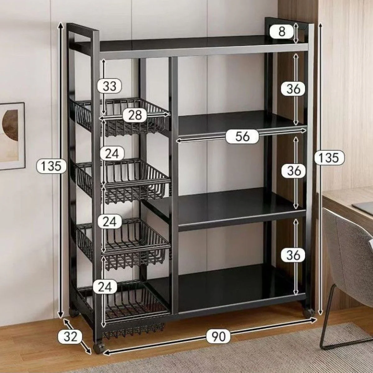 Estante Repisas Carrito Organizador De 4 Niveles. Color Negro 135X90x32cm. Anaquel Multiusos De Almacenaje Con Ruedas.