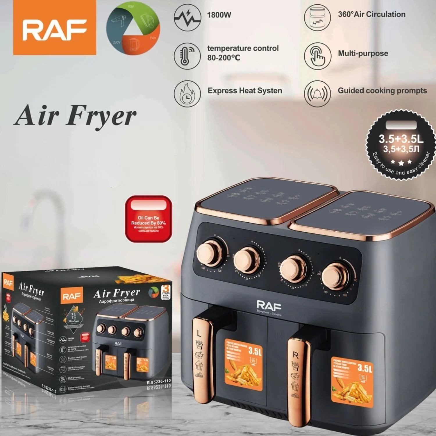 Freidora De Aire 8L  1800W 110V 60Hz Control  Doble Antiadherente  360°  Calor Express Temp 80-200°C   Air Frier