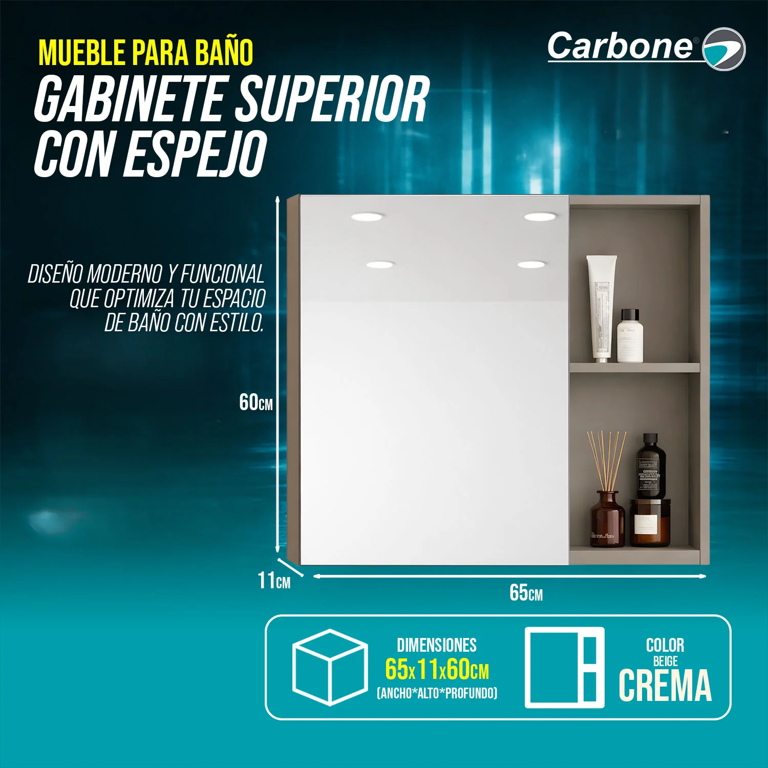 Gabinete Superior Para Baño Con Espejo 65×11×60 Cm Carbon Fiber Color Beige Crema