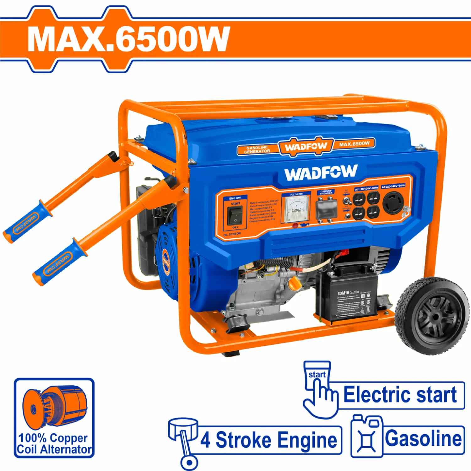 Generador A Gasolina 6500W 110-120V 25L Frec. Nom. 60Hz 3600Rpm Motor 4 Tiempos OHV Arranque Eléctrico. Planta