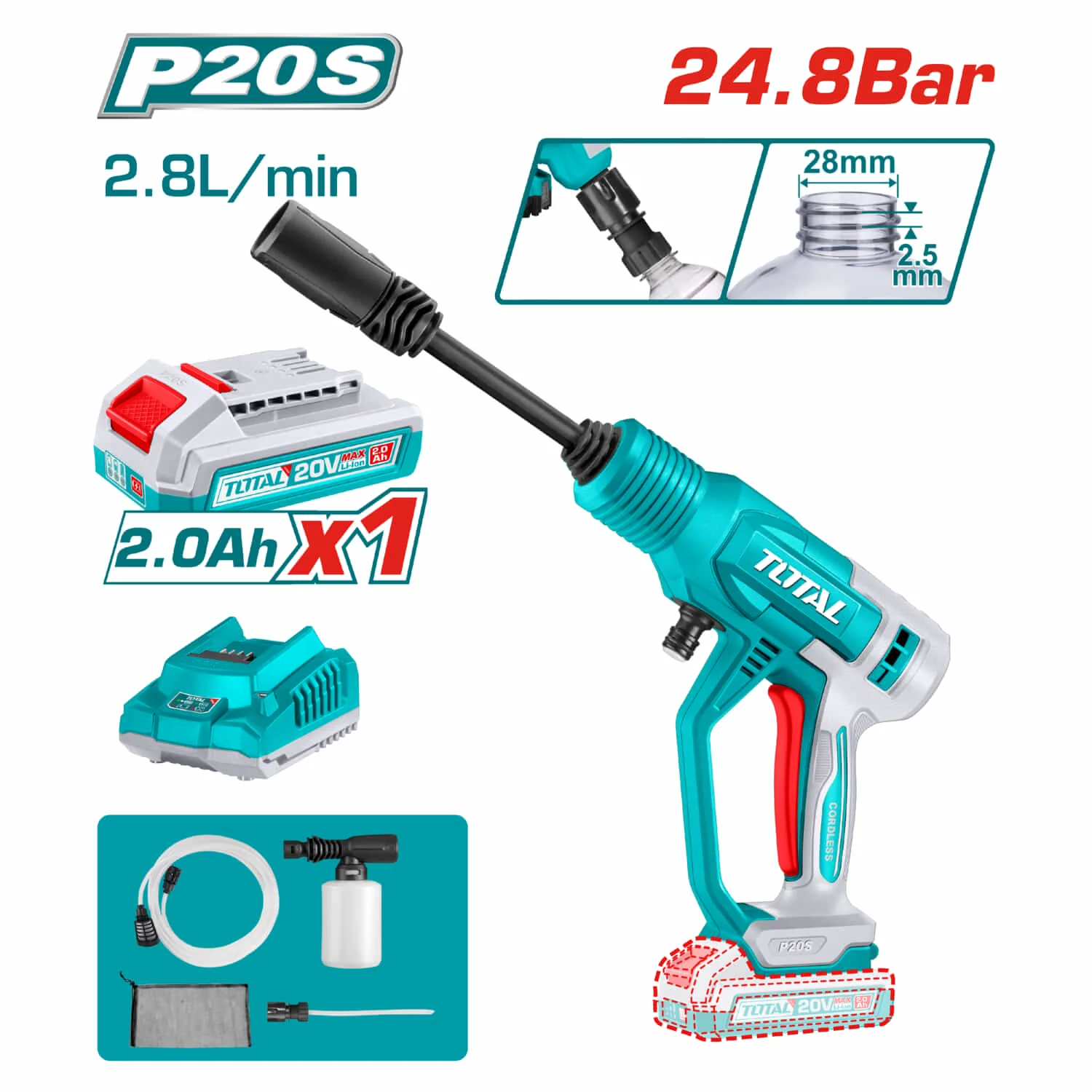Hidrolavadora Inalámbrica 20V Portátil 24.8 Bar. Caudal 2.8L/Min. Incluye Batería Y Cargador.