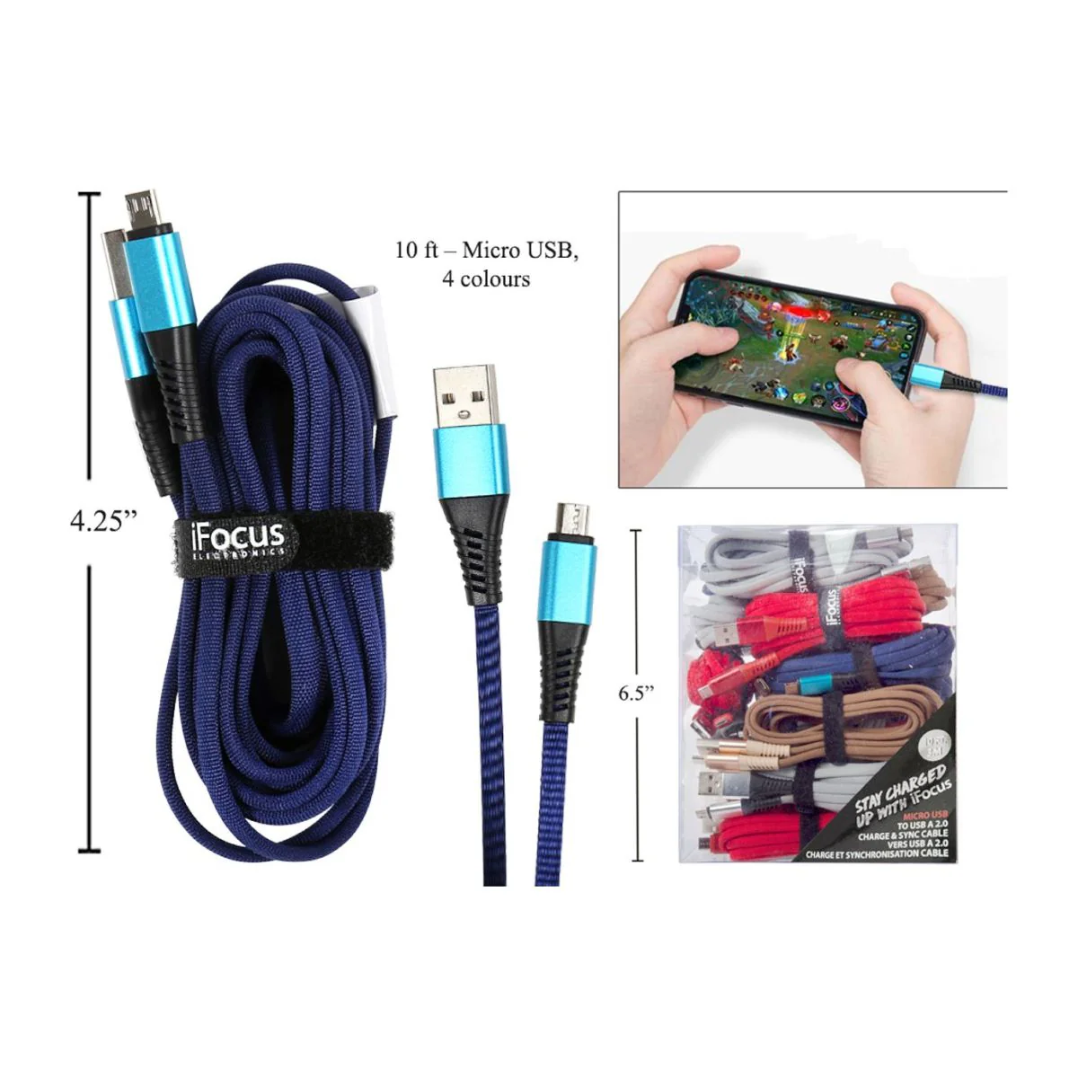 Ifocus 10Ft Micro USB Data Cbl4c, Correa De Velcro, Paquete (HZ) - Image 4