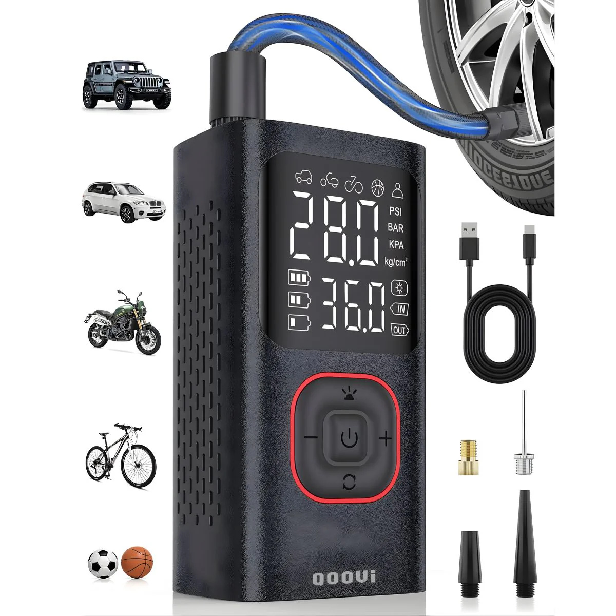 Inflador De Aire Portátil 4-145 PSI Inalámbrica Con Luz LED. 5 Modos. Inflador De Llantas Digital Portátil.