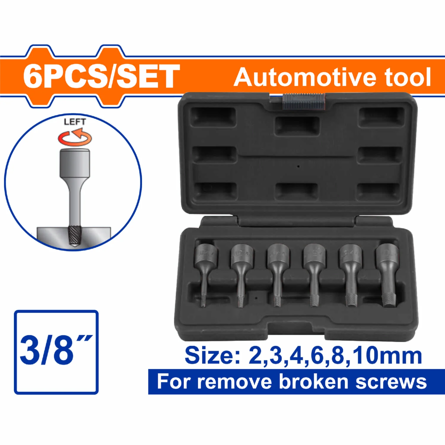 Extractor De Pernos Y Tornillos 2-10Mm Dado 3/8" Acero Cr-Mo Rosca Invertida Espiral. Set 6 Pzas
