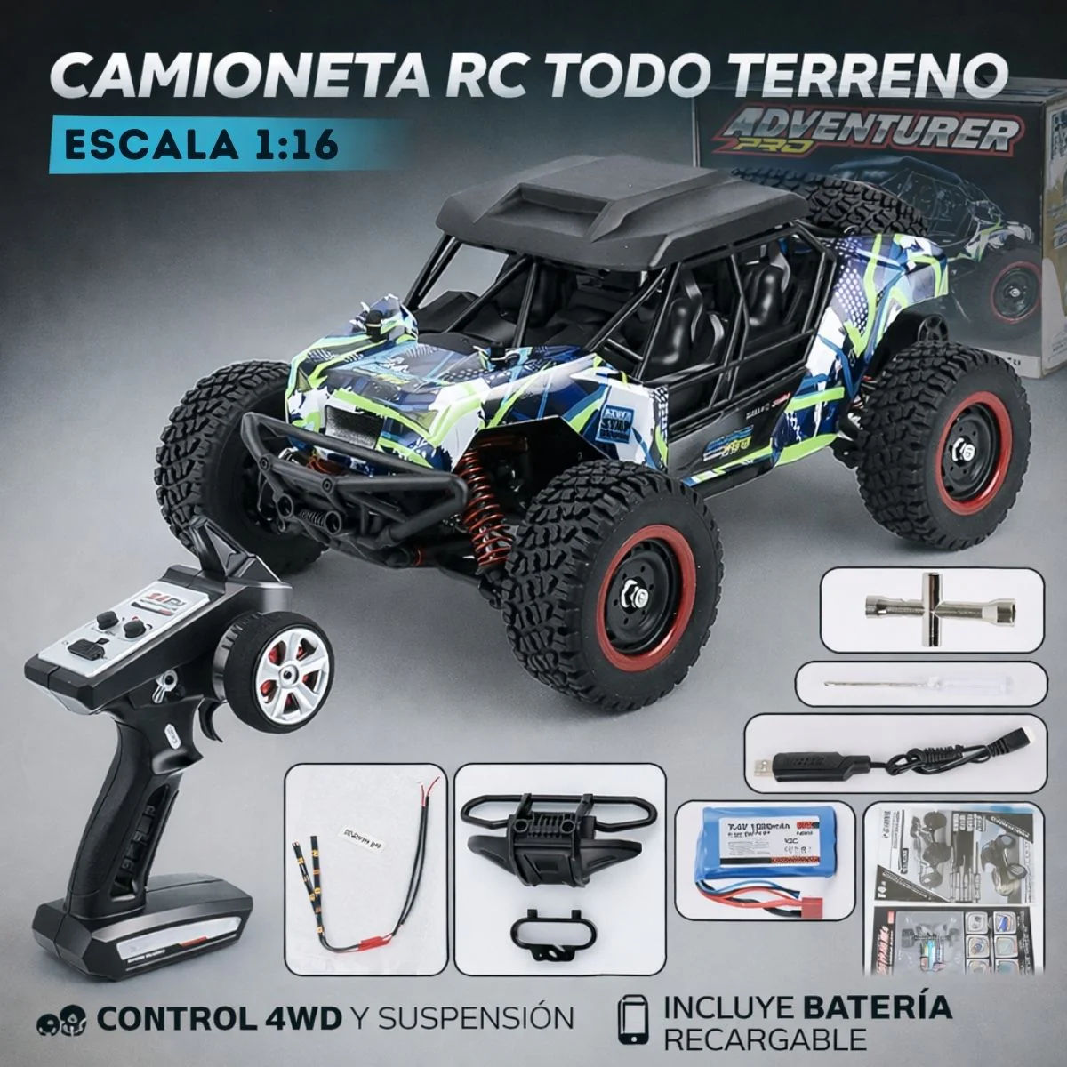 Juguete Carro Todoterreno A Control Remoto 1:16 4WD De Alta Velocidad. Camioneta Off Road Con Luces LED Y Batería Recargable 16106 Pro.