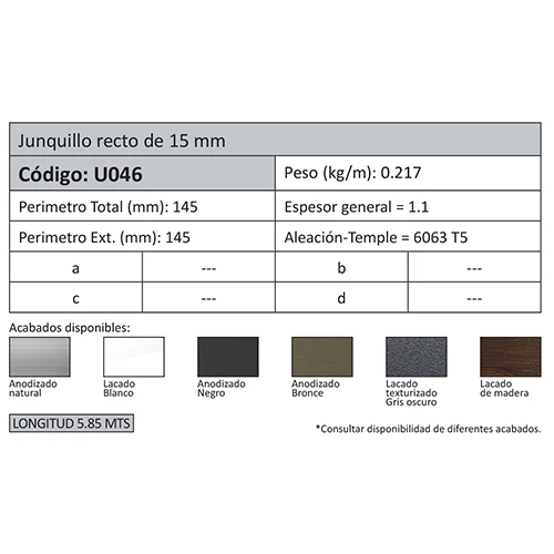 Junquillo Recto 15 Mm. Espesor 1.1 Mm. Largo 5.85 Mts. Acabado Anodizado Bronze 15 Micron. (D3-P1-A1 - Image 2