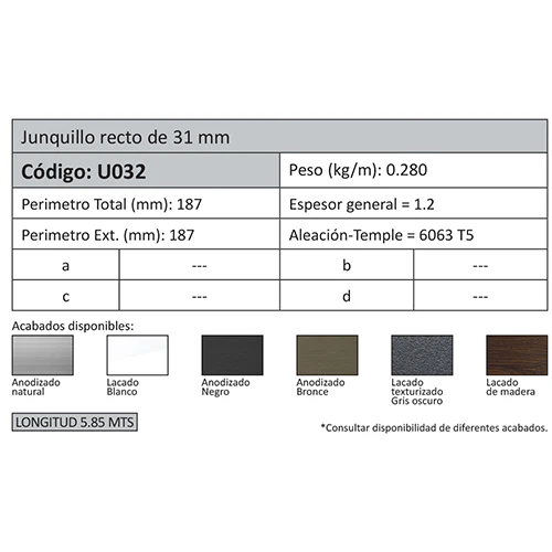 Junquillo Recto 31Mm. Espesor1.1Mm. Largo 5.85 Mts. Acabado Anodizado Silver 15 Micron. - Image 2