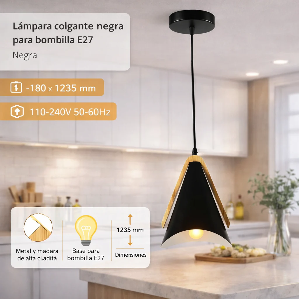 Lámpara Colgante Negra 1XE27 Diseño Atemporal 180X1235mm