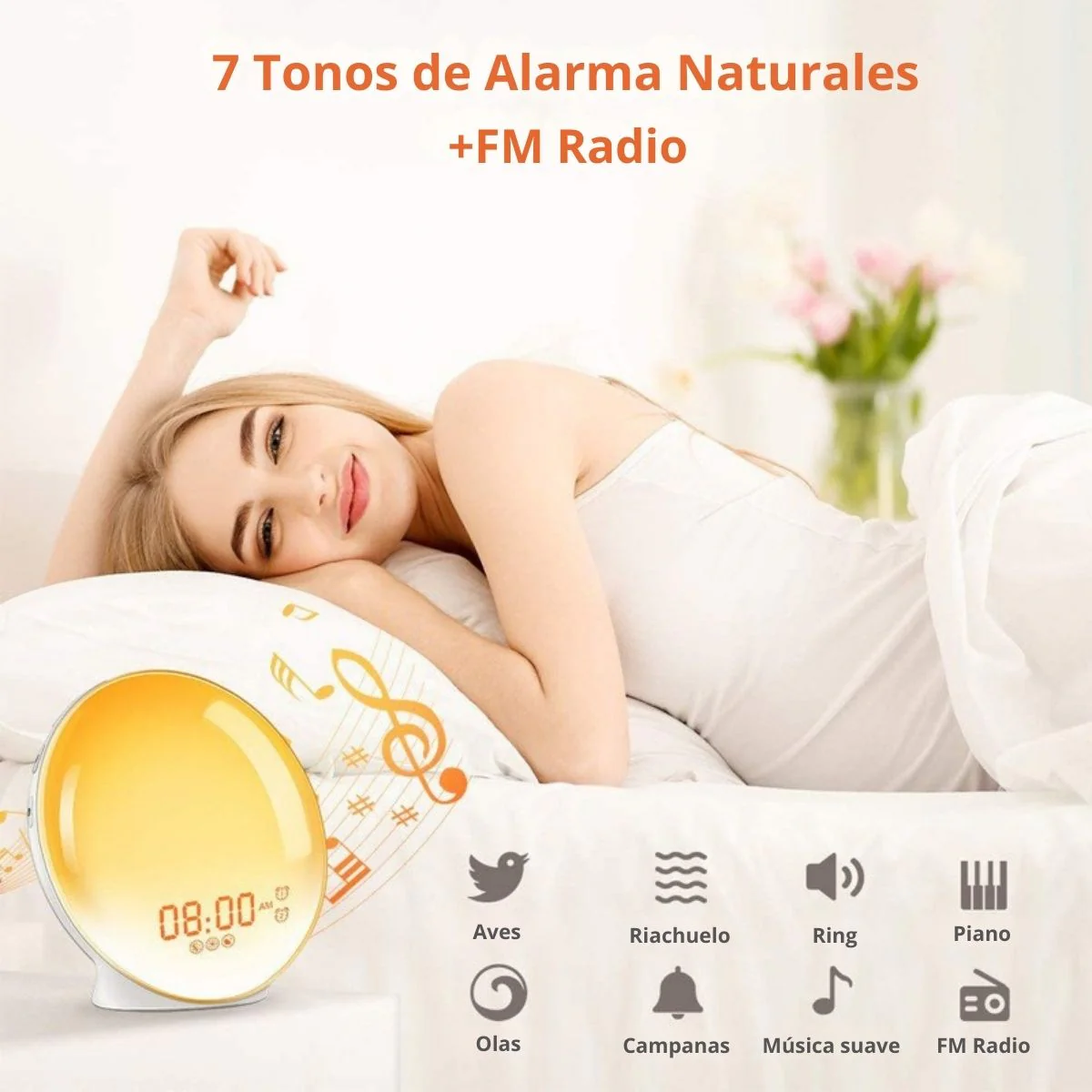 Lampara De Mesa De Noche LED Con Despertador. Reloj Con 7 Tonos De Luz Y Radio FM Con Sonidos Naturales Y Puerto USB Para Cargar El Teléfono. - Image 2