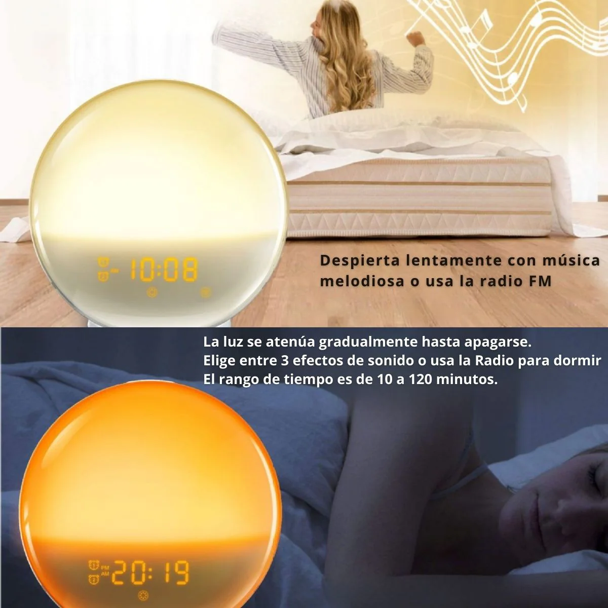 Lampara De Mesa De Noche LED Con Despertador. Reloj Con 7 Tonos De Luz Y Radio FM Con Sonidos Naturales Y Puerto USB Para Cargar El Teléfono. - Image 6