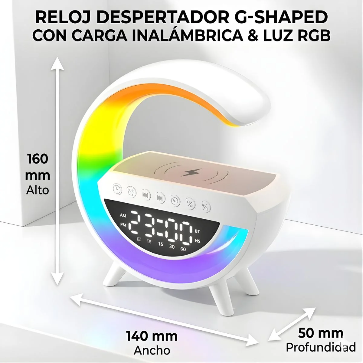 Lámpara De Mesa Inteligente Con Cargador Inalámbrico, Bocina Bluetooth Y Reloj Despertador. Luz LED RGB  Para Mesita De Noche. Blanco - Image 5