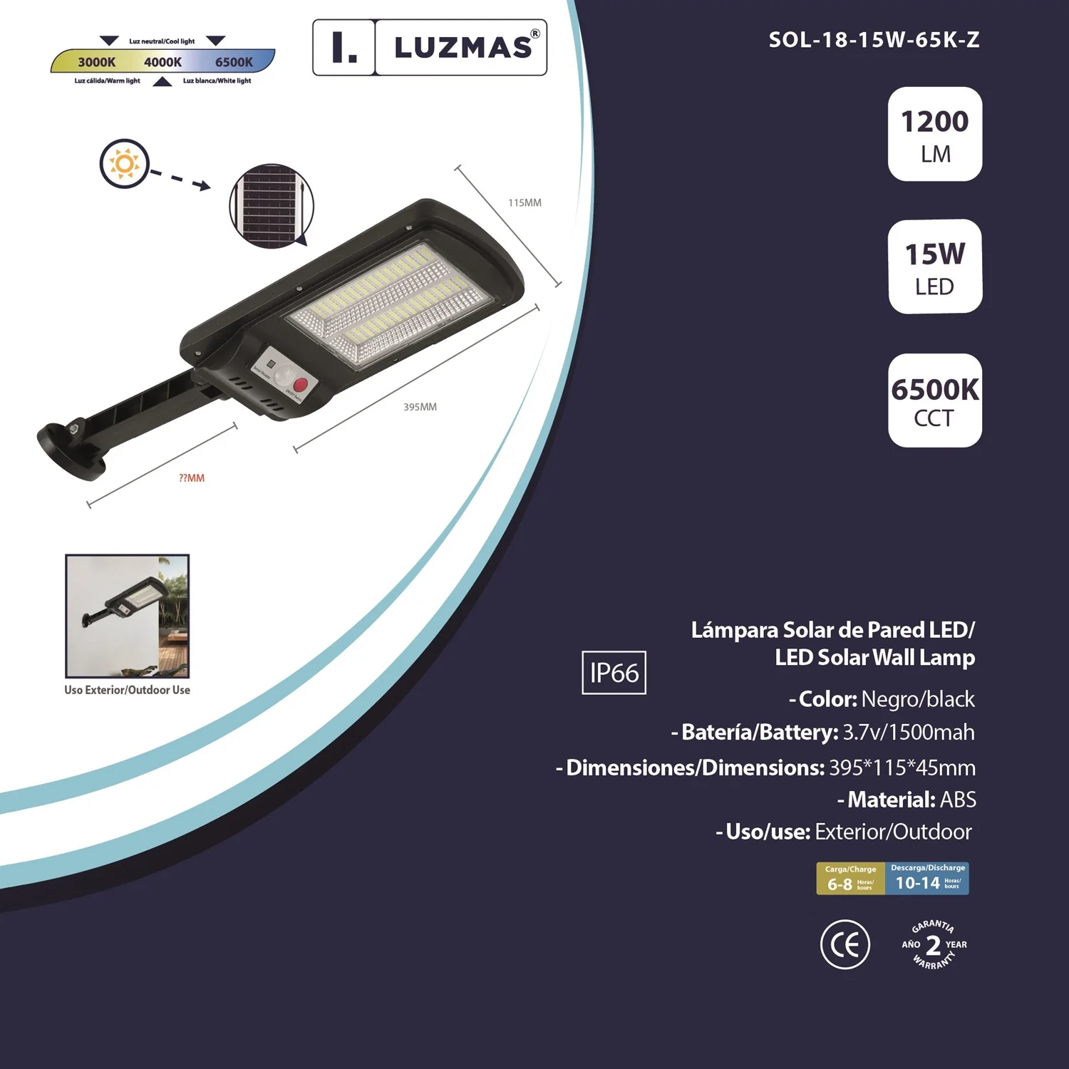 Lámpara De Pared Solar LED 15W 1200Lm, 6500K - Luz Fría. Iluminación Exterior Potente Y Eficiente. Luz Poste Solar. - Image 2