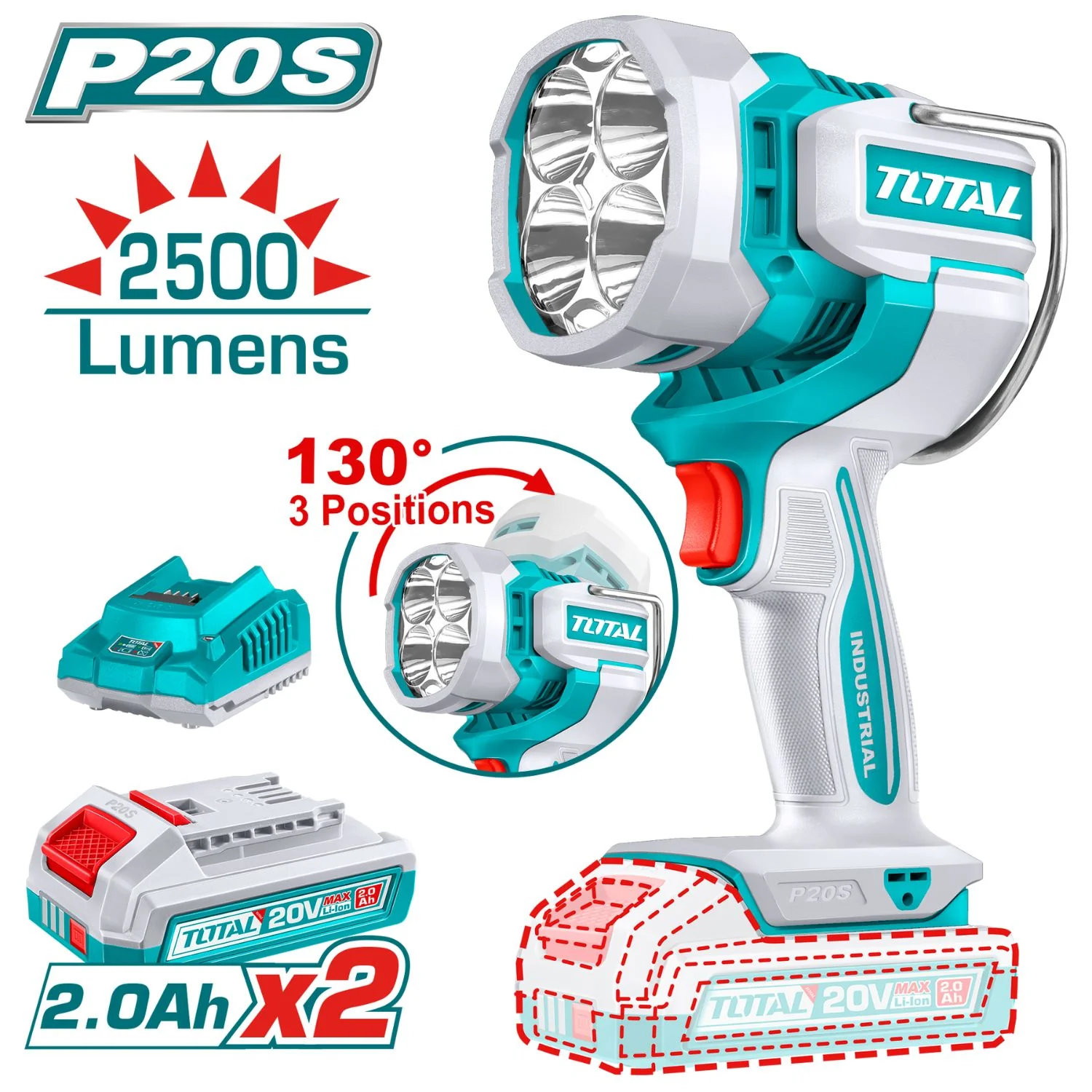Lámpara De Trabajo Inalámbrica 20V. 2500 Lumens. Cabeza Giratoria De 130°. Incluye 2 Baterías Y 1 Cargador. Linterna.