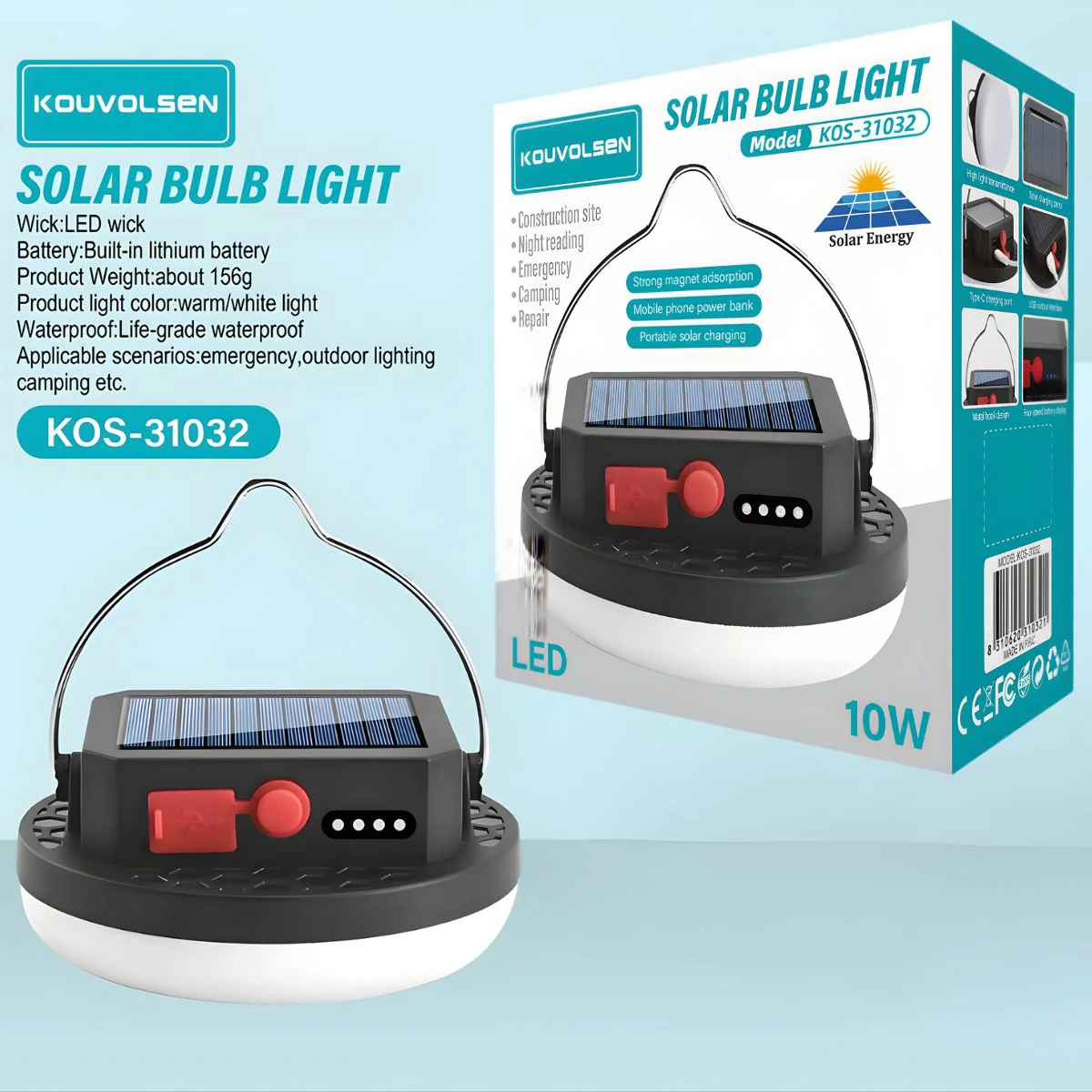 Lámpara LED Solar Portátil 10W Recargable Con Panel Solar Y USB-C. Luz Blanca Y Cálida. Resistente Al Agua.