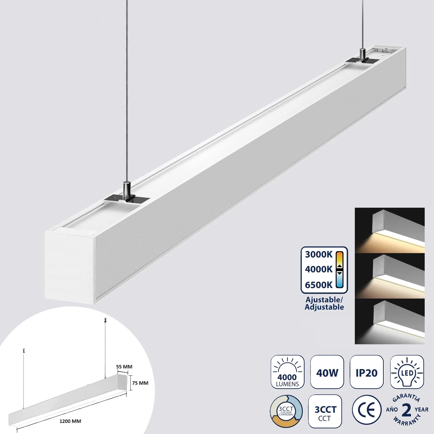 Lámpara Lineal Colgante LED Blanca 40W CCT 4000 Lm. Conexión Continua Hasta 20 Lámparas