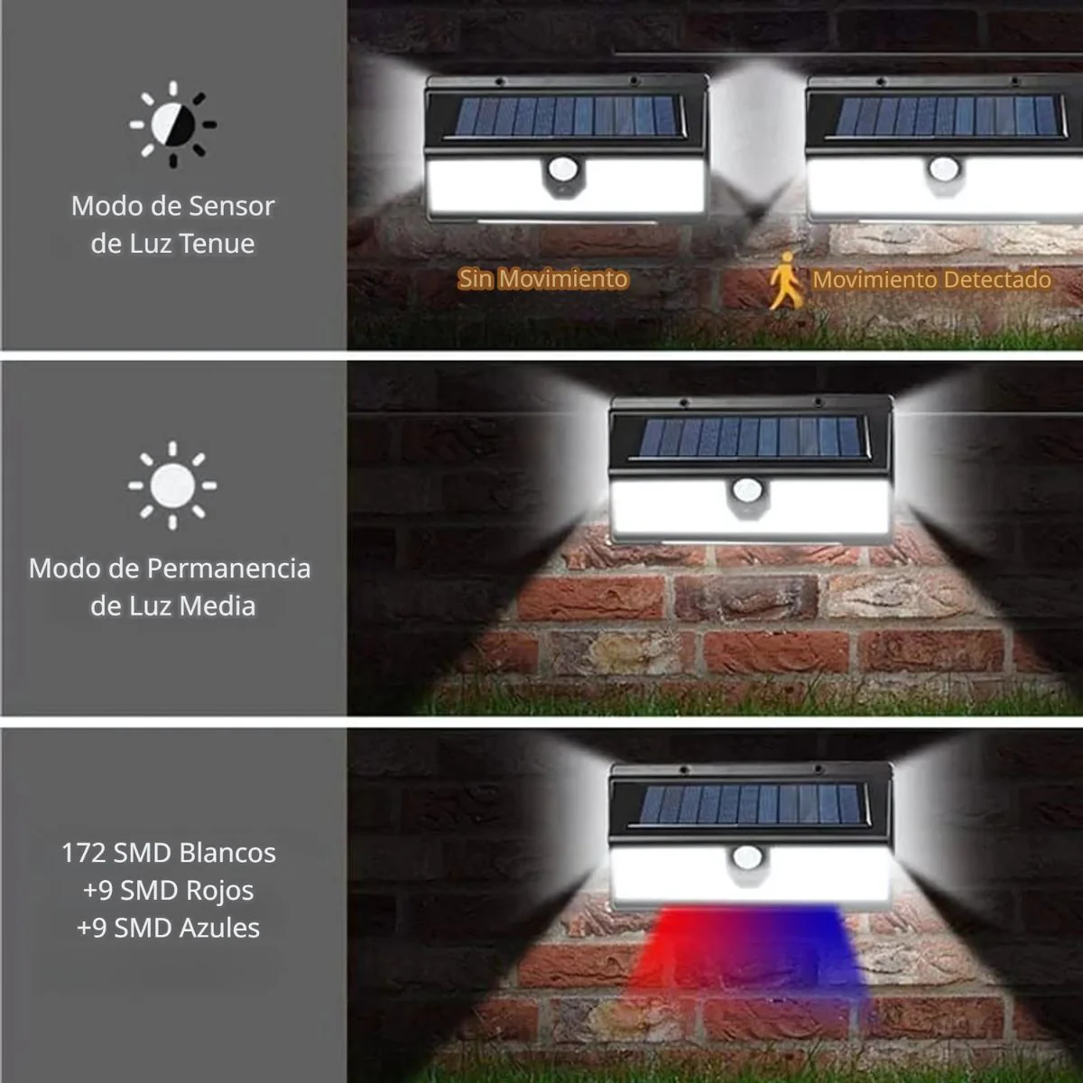 Lámpara Solar LED Exterior Con Sensor De Movimiento. Luz Foco Solar Para Jardín Con 3 Modos De Luz. Cobertura De Hasta 35M². - Image 4
