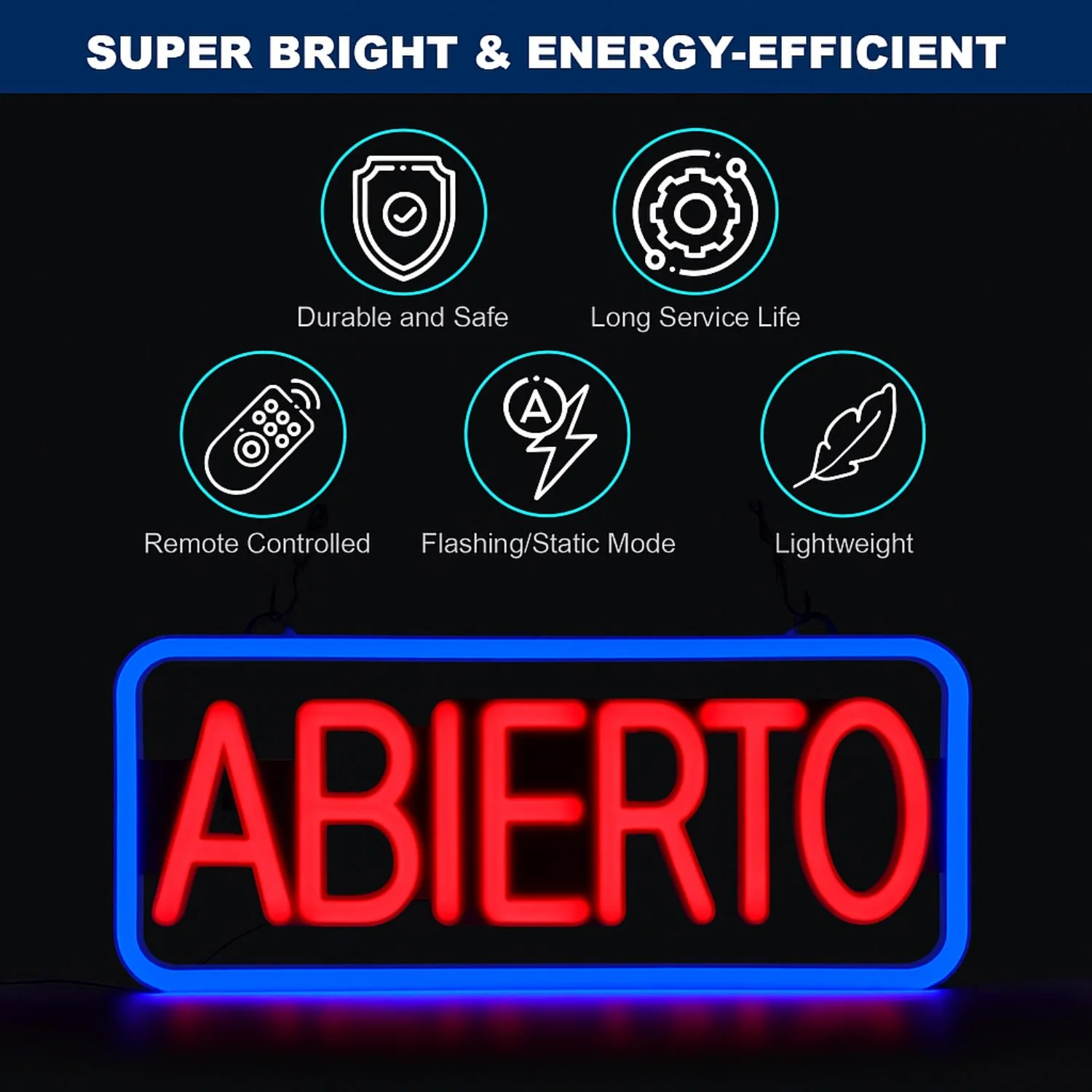Letrero LED NEON ABIERTO, 50X25cm, Marco Azul Y Texto Rojo, 110V Con Cadena Para Colgar. Moderno Y Llamativo. Rotulo Neón Abierto - Image 2