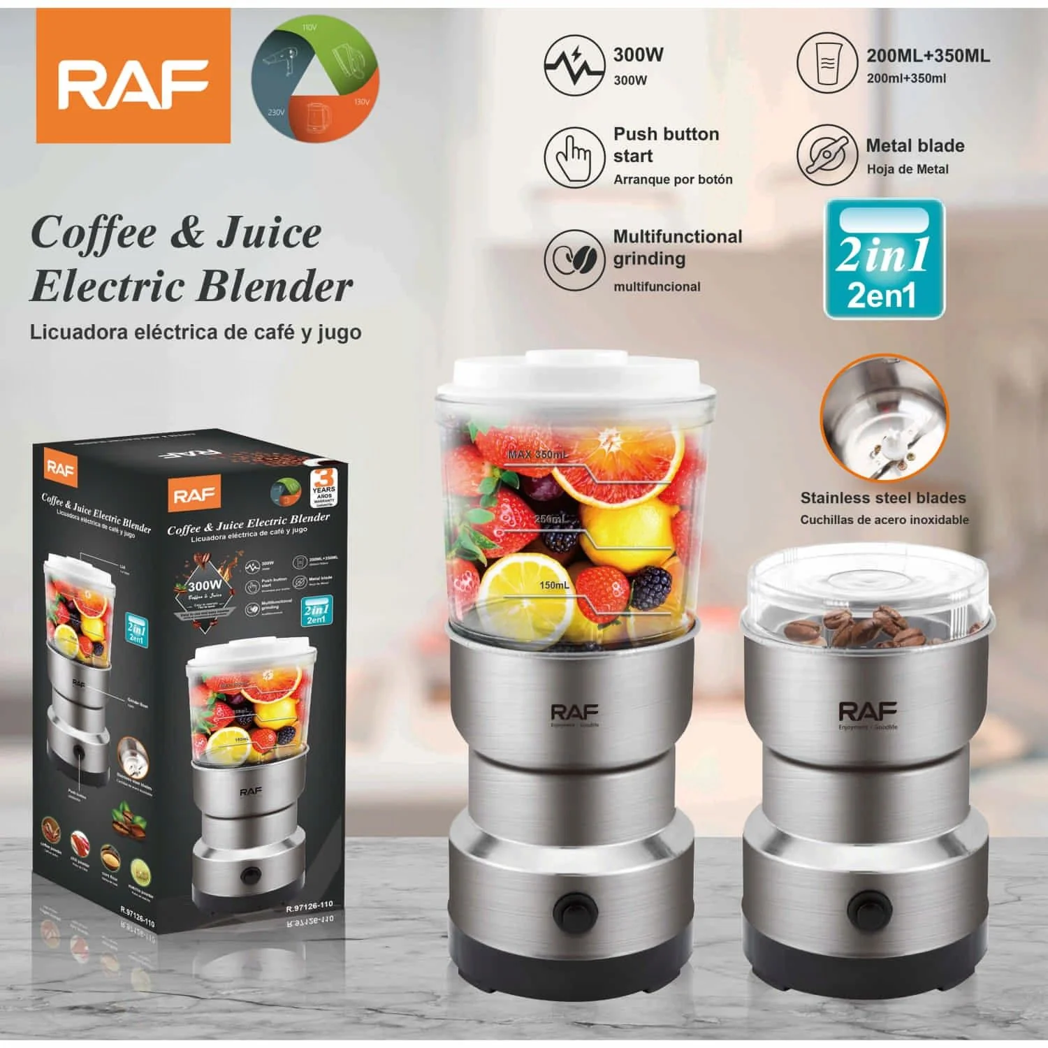 Licuadora De Zumo 2 En 1 300W  Inoxidable Y Molinillo Eléctrico Para Especias Y Café 110V/60 Hz. Blender Grinder
