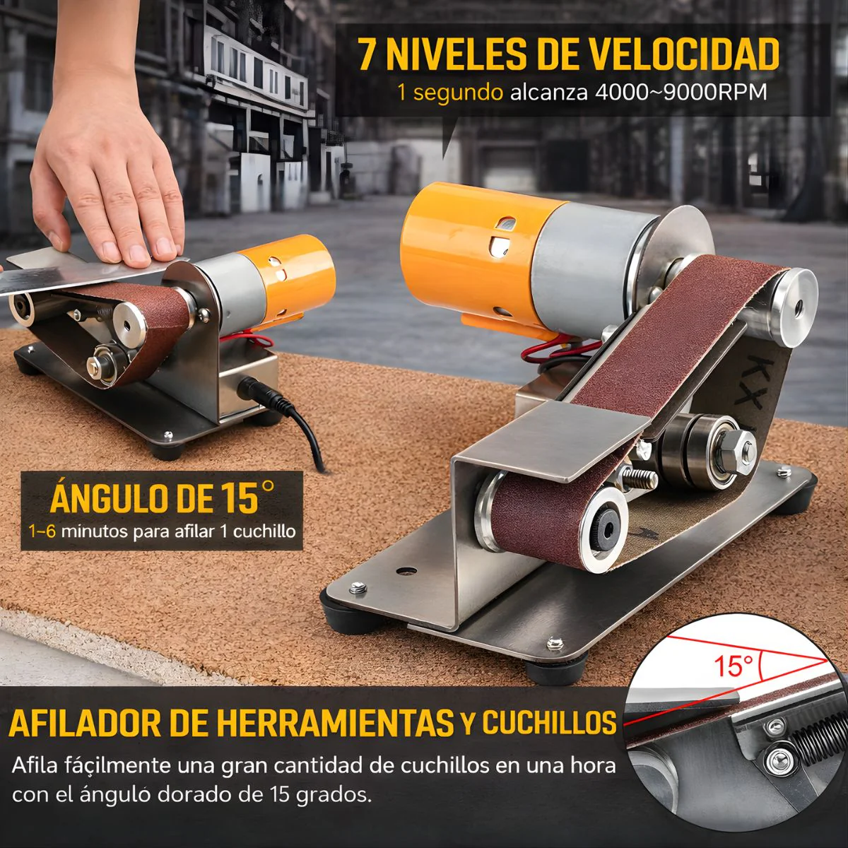 Lijadora De Banda 9000RPM Con Motor 775 De Doble Eje. Afilador De Herramientas 110V Con Control De 7 Velocidades. Incluye 30 Bandas De Lija Y Accesorios. - Image 3