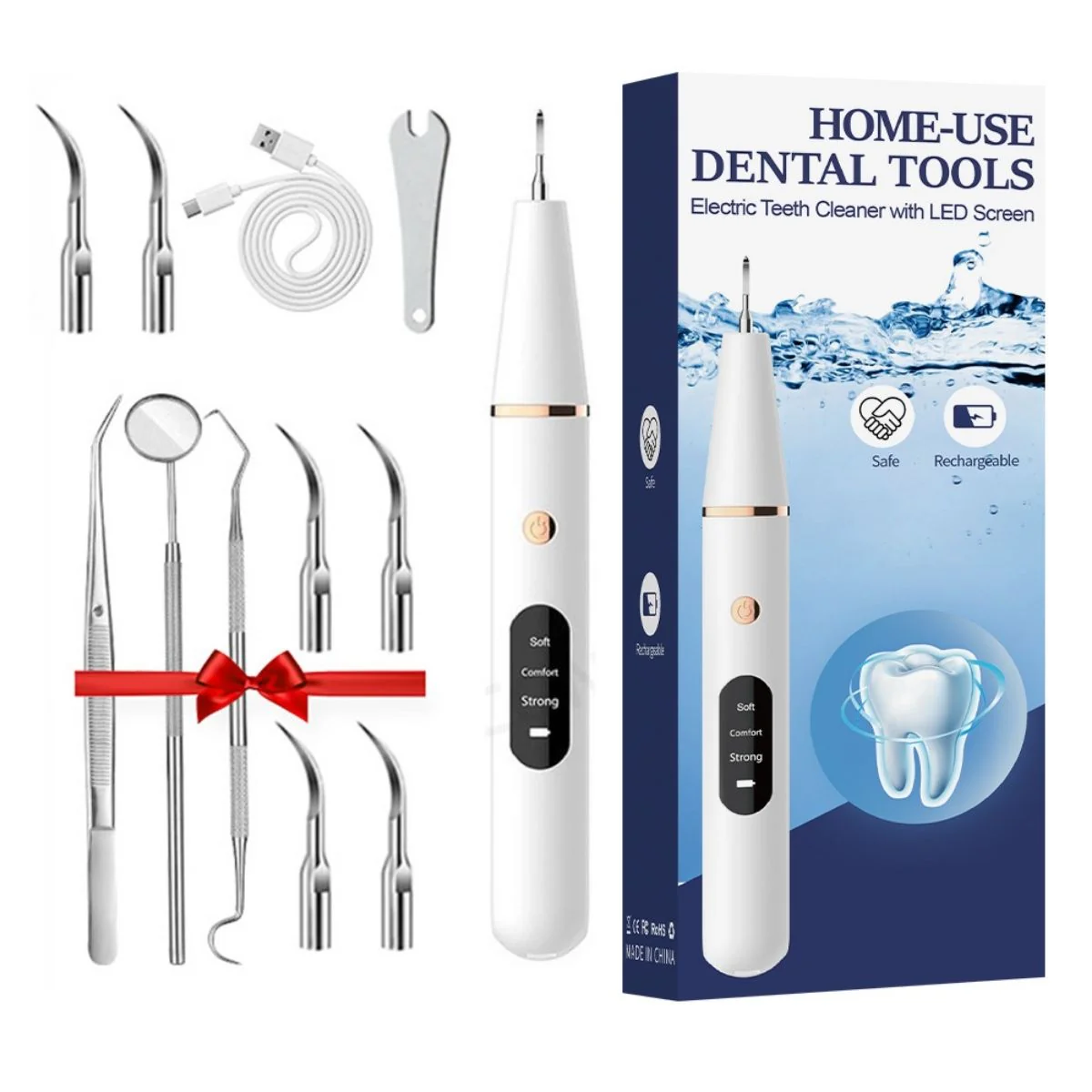 Limpiador Dental Ultrasónico Eléctrico Recargable Con Pantalla LED. Removedor Bucal De Sarro Y Placa Con 5 Modos De Limpieza, Impermeable IPX6 (Incluye 6 Cabezales)