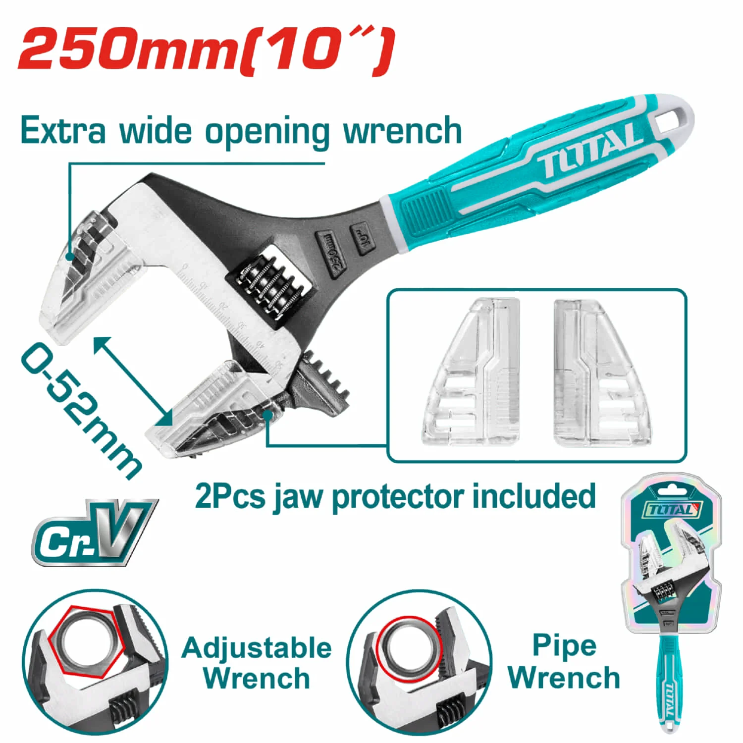 Llave Ajustable 2 En 1 De 10" Función Llave Para Tubos. Apertura Extra Amplia: 0-52Mm Cr-V
