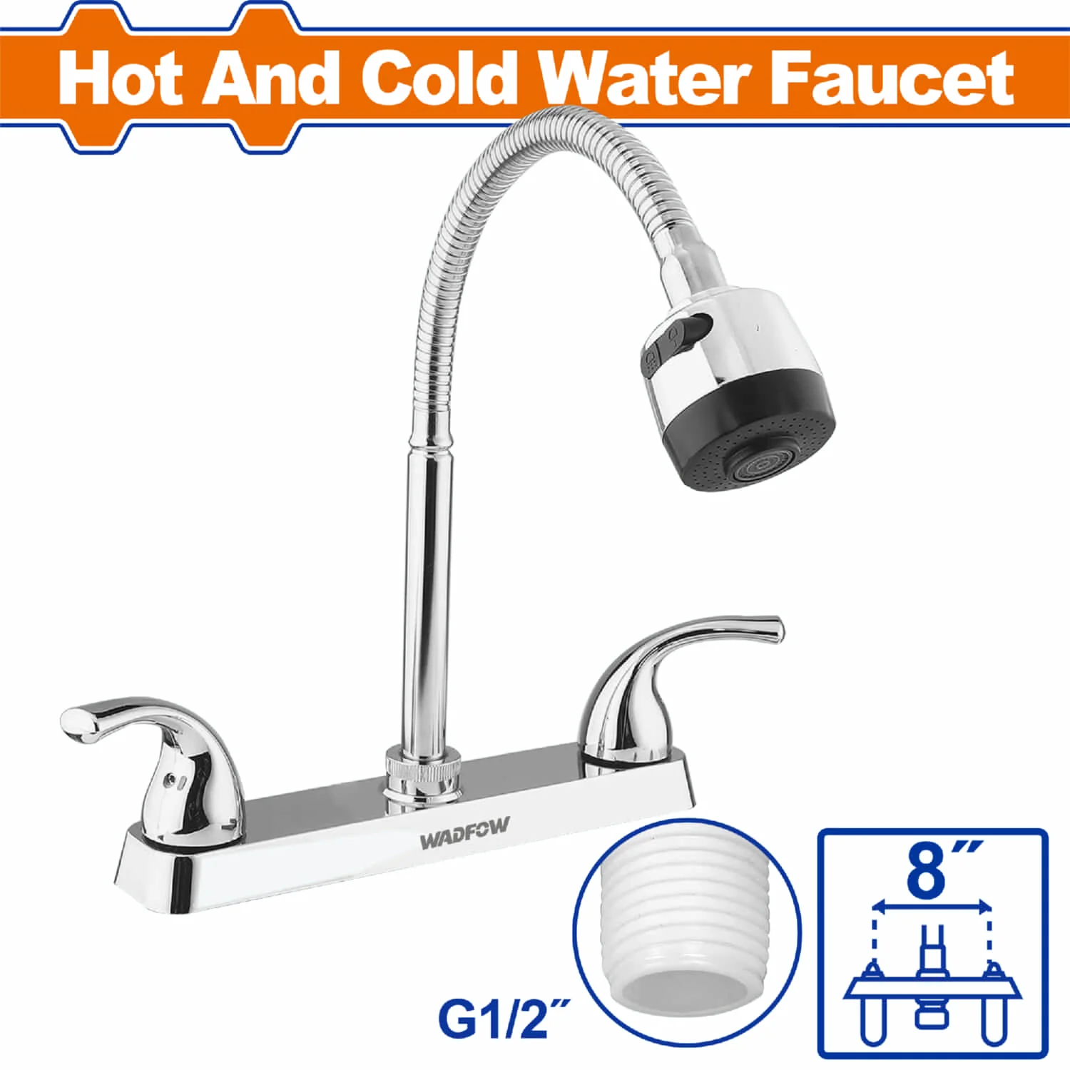 Grifo Llave De Fregador De 8" Con Modo Agua Fría Y Caliente. Cuerpo ABS + Electrochapado. Tubo Flexible.