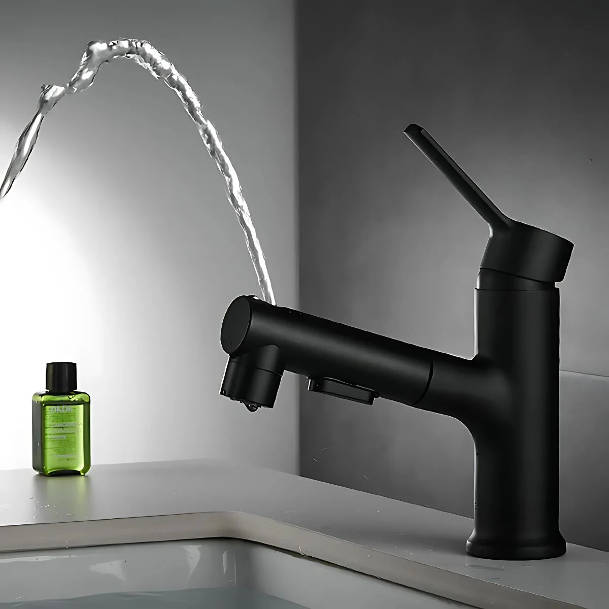 Llave De Lavamanos Extraíble Con Alcance De 60Cm. Grifo De Lavabo Color Negro. Pluma Con Doble Función.