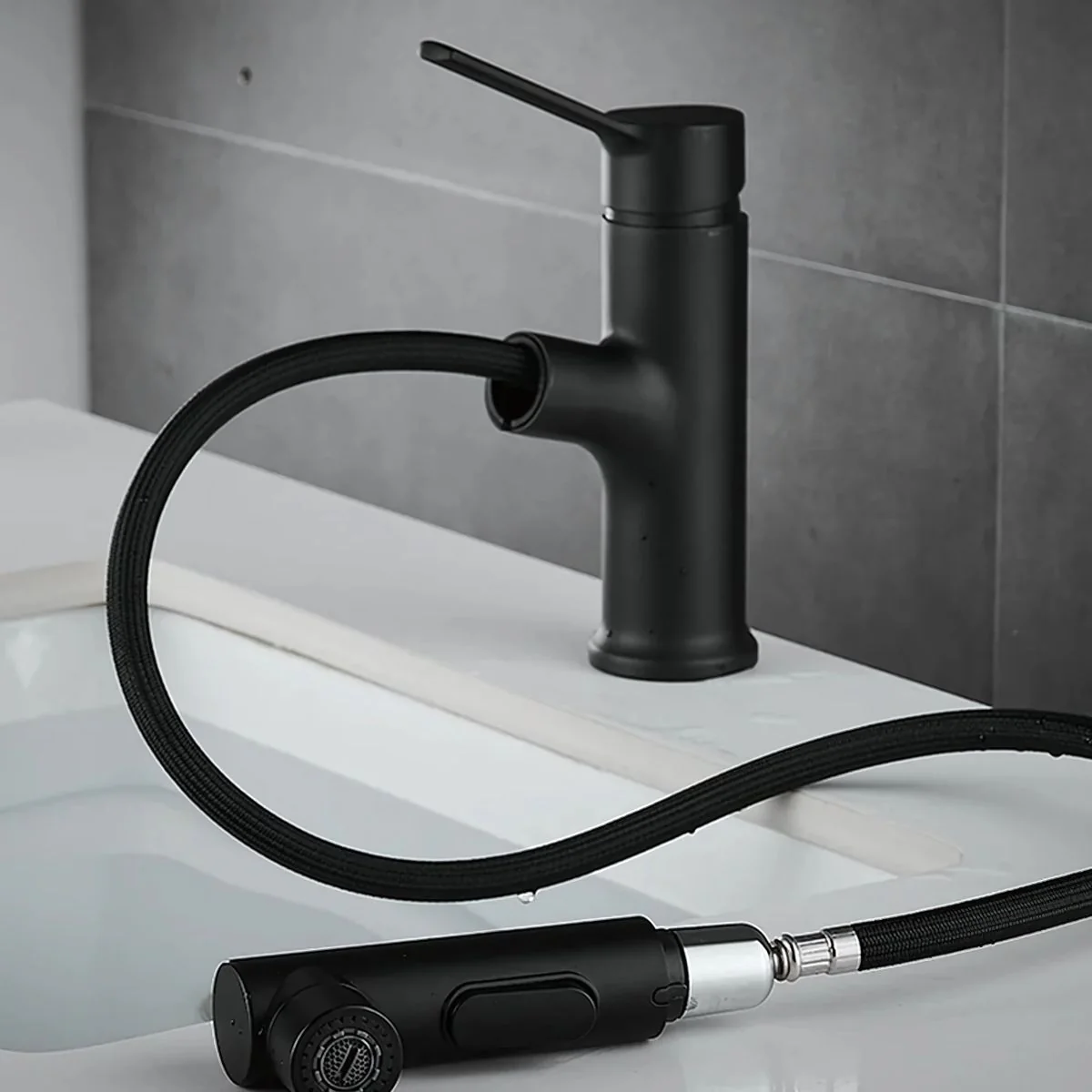 Llave De Lavamanos Extraíble Con Alcance De 60Cm. Grifo De Lavabo Color Negro. Pluma Con Doble Función. - Image 2