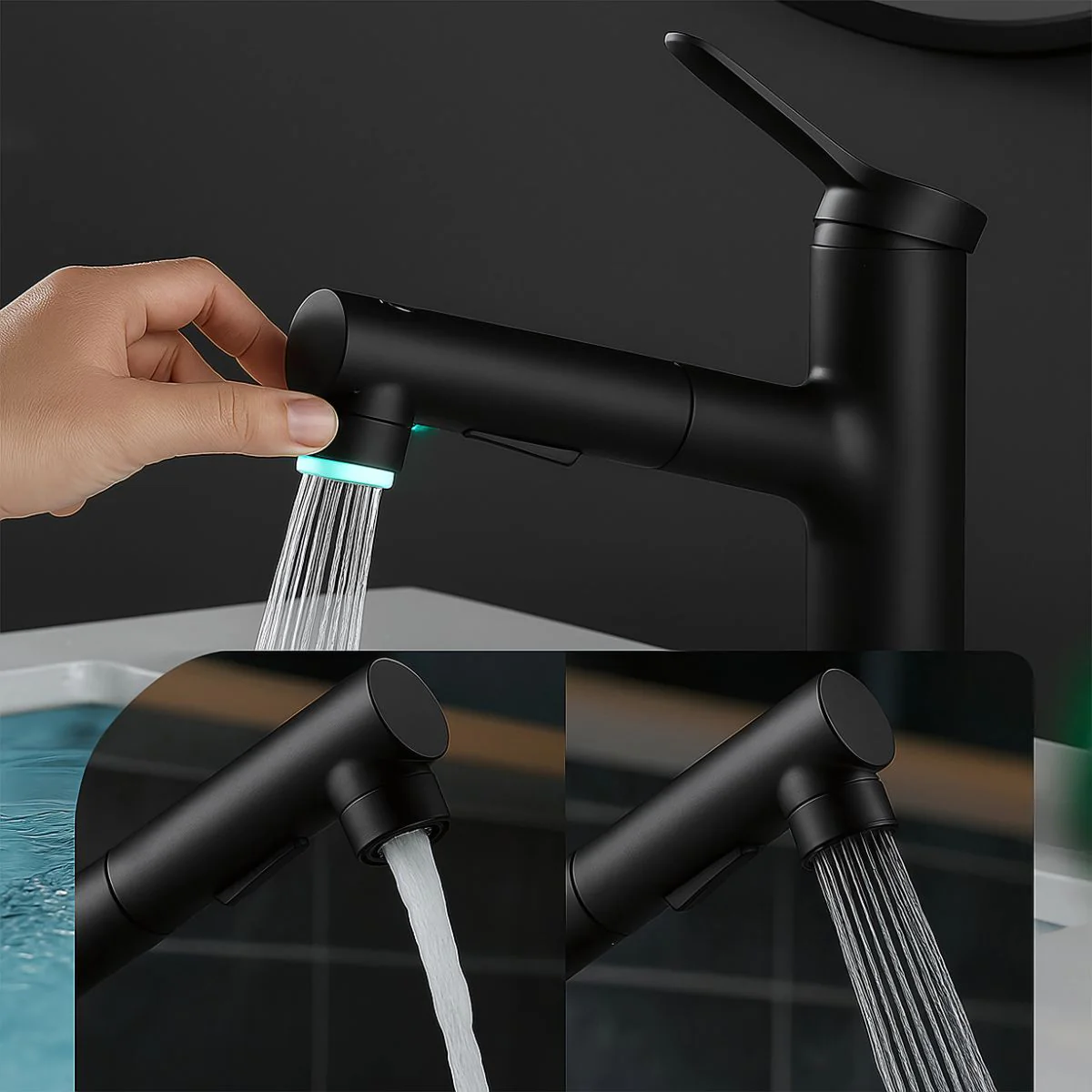 Llave De Lavamanos Extraíble Con Alcance De 60Cm. Grifo De Lavabo Color Negro. Pluma Con Doble Función. - Image 3