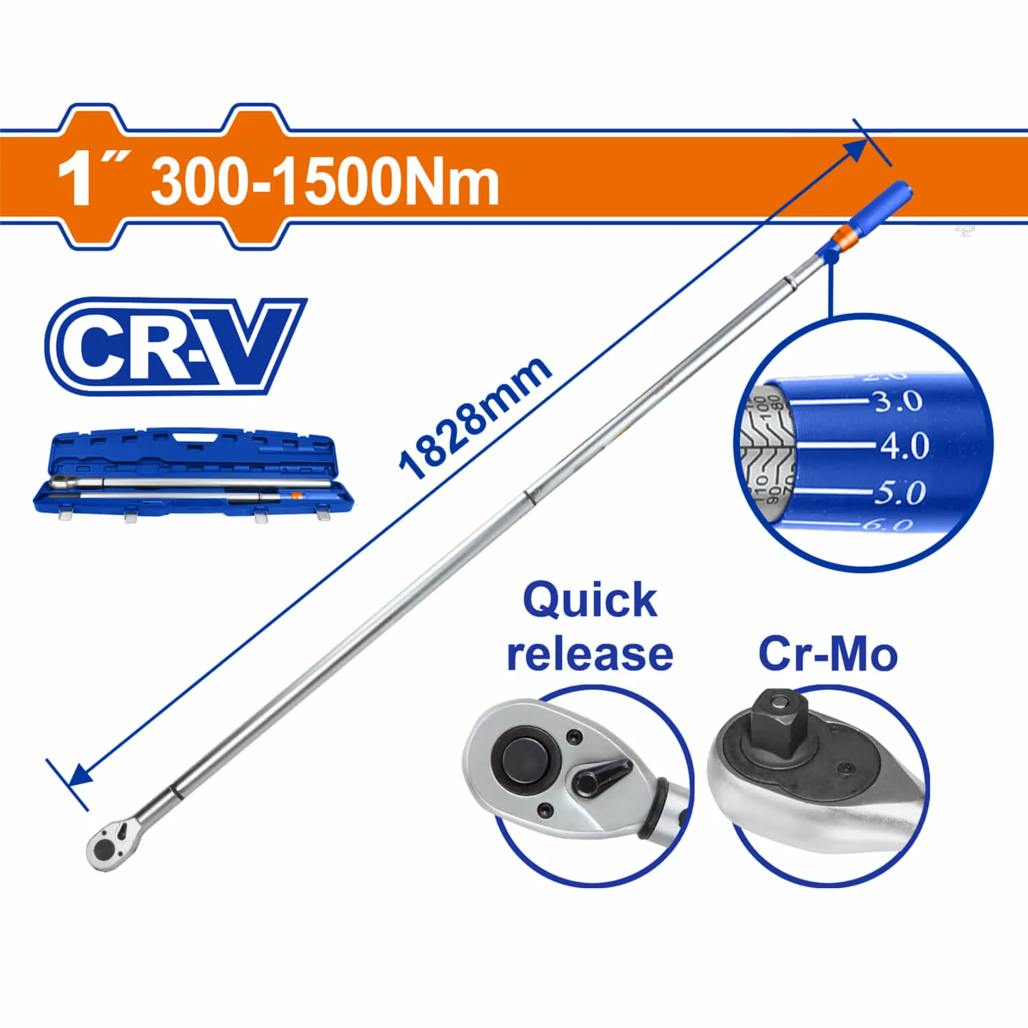 Torquimetro Extensible 1" 300-1500N.M Cr-V Cr-Mo Cromado Con Liberacion Rapida Longitud 1828Mm ±4%