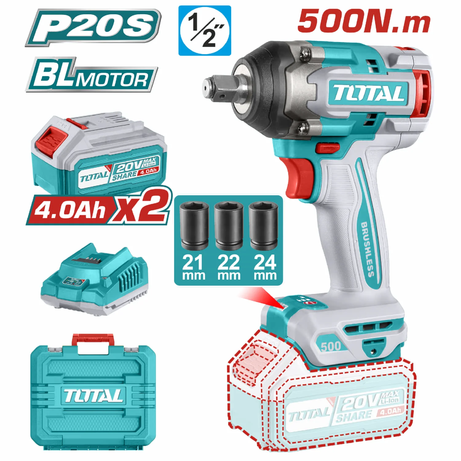 Llave Impacto Dado Cuadrado 20V 1/2" Motor Sin Escobillas. 500Nm Incluye 2 Baterías Y Cargador. Super Total