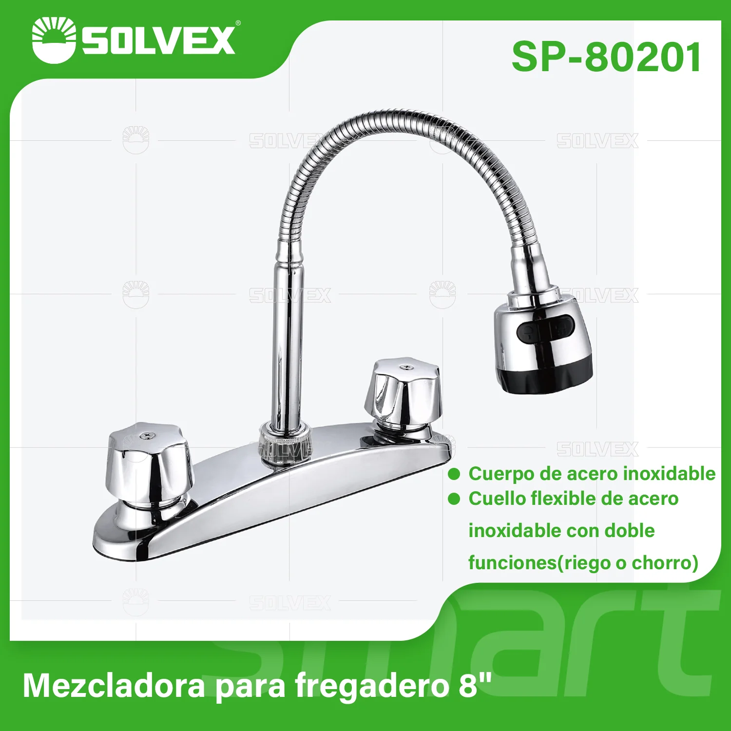 Llave Para Fregador De Cocina 8" Acero Inoxidable Cromado Flexible. Grifo Con Pluma De Doble Función Y Asas Plásticas.
