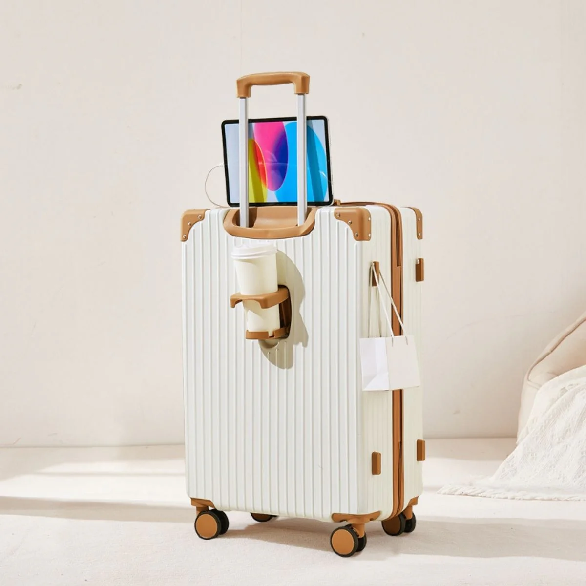 Maleta De Viaje Rígida Retro Con Puerto USB Y Portavasos. Equipaje De Mano Con Candado De Combinación  20” Con Ruedas Giratorias 360°