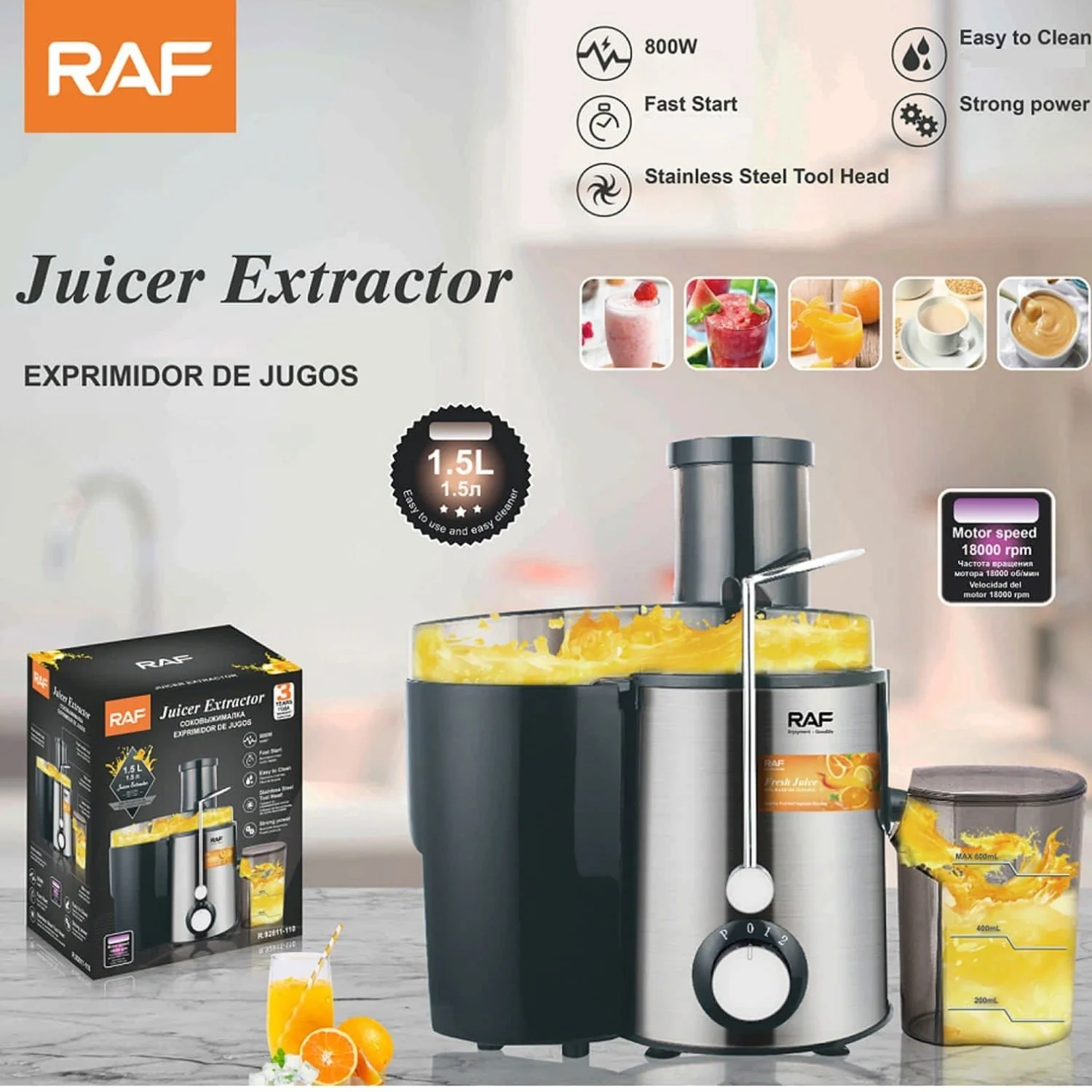 Máquina Centrífuga Extractora De Jugos 800W 110V/60Hz Inoxidable 2 Velocidades Y Vaso De 1.5L  Procesador De Jugos.