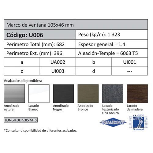 Marco Fijo Ventana 105 Mm. Espesor 1.4 Mm. Largo 5.85 Mts. Acabado Anodizado Silver 15 Micron. - Image 2