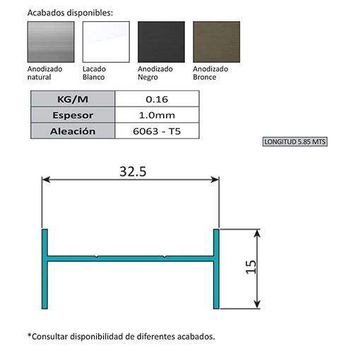 Marco H Para Louver Z De 32.5 X 15 Mm. Espesor 1.0 Mm. Largo 5.85 Mts. Acabado Anodizado Bronce 15 M - Image 2