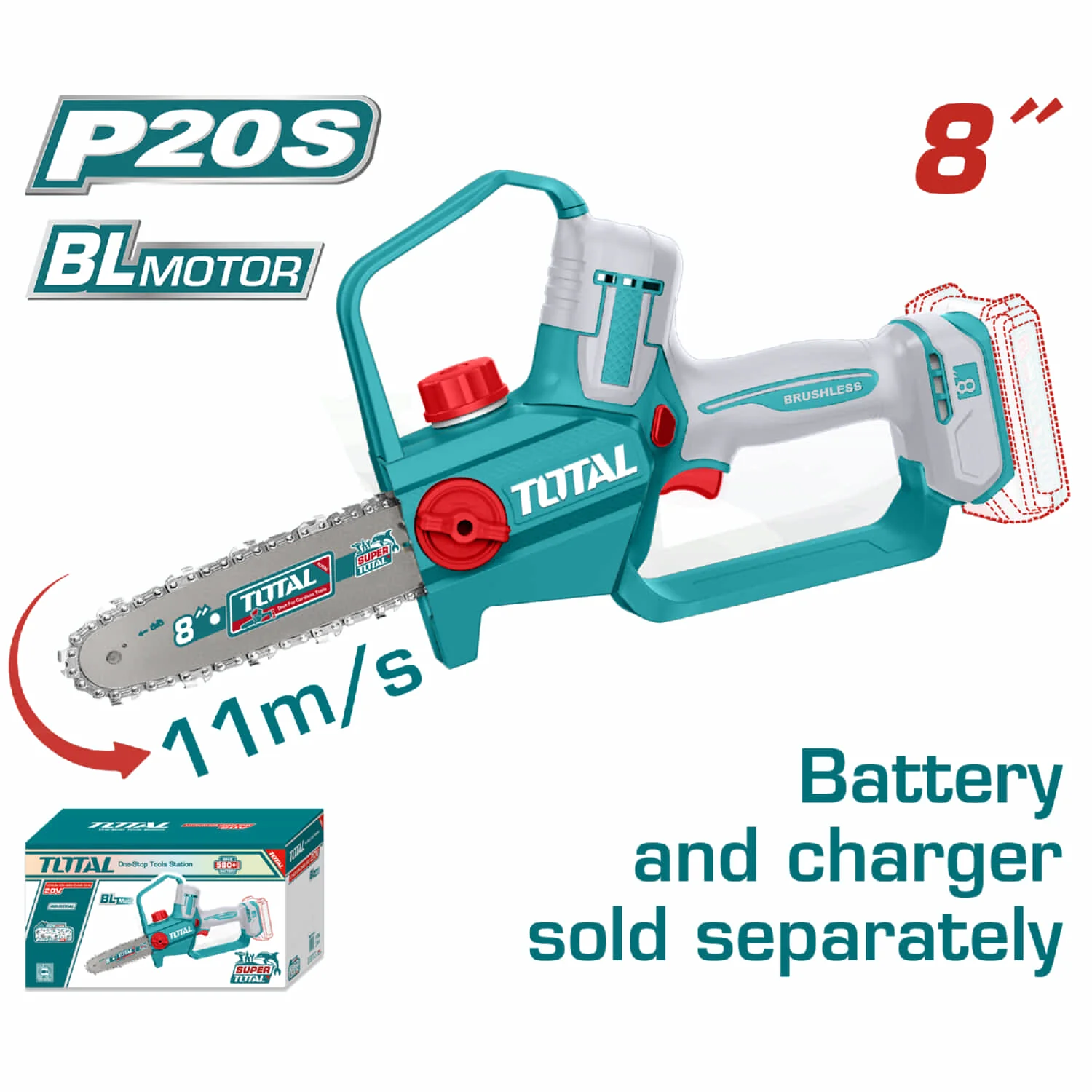 Motosierra De 8" 20V Motor Sin Escobillas. Batería Y Cargador Por Separado.