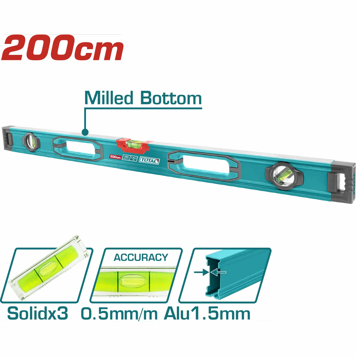 Nivel De Burbuja 200Cm. Fresado En Ambos Lados. Burbujas Nivel De Precisión 0.5Mm Grosor 1.5Mm Ranuras En Forma De V Para Medir Objetos. Alta Precisión. Alta Calidad. - Image 2