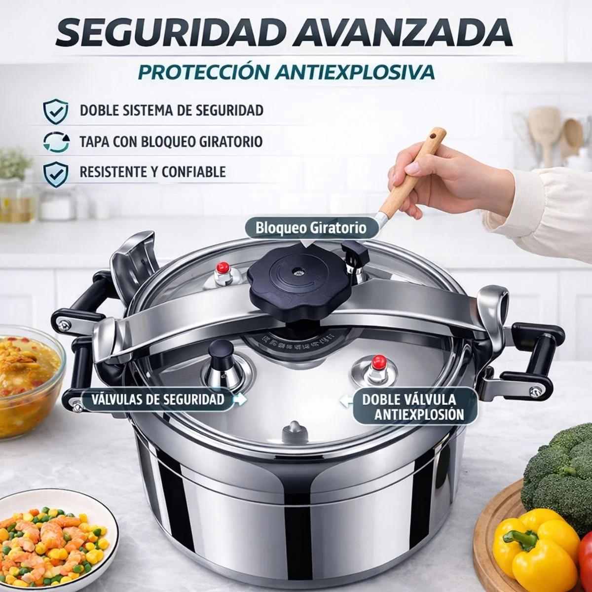 Olla De Presión De Cocción Rápida , Sistema De Seguridad Con Válvulas Dobles A Prueba De Explosiones, Compatible Con Gas Y Cocina Eléctrica. Capacidad 16 Litros.30 Cm - Image 2