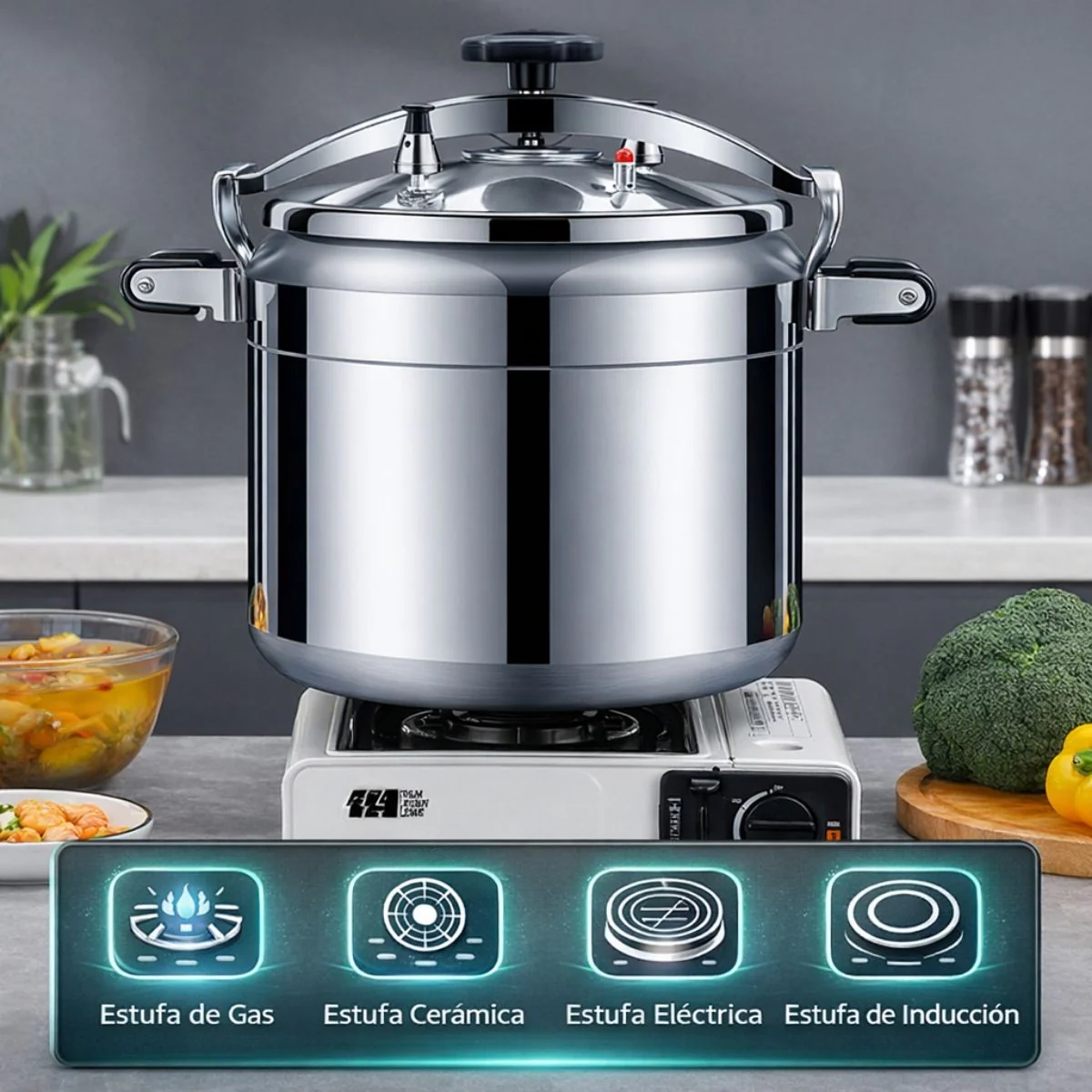 Olla De Presión De Cocción Rápida , Sistema De Seguridad Con Válvulas Dobles A Prueba De Explosiones, Compatible Con Gas Y Cocina Eléctrica. Capacidad 26 Litros.34 Cm - Image 4