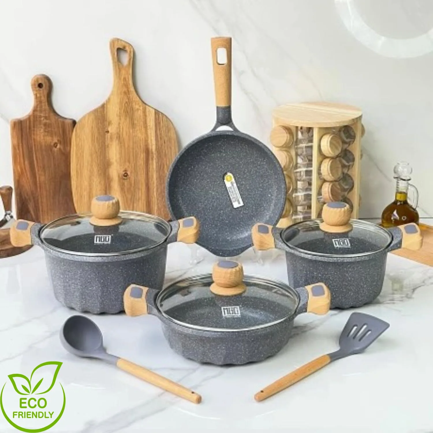 Ollas Antiadherentes 9 Piezas Con Revestimiento De Granito, Aluminio Forjado, Color Gris.  Eco-Friendly. Set De 9 Piezas. Batería De Cocina. Libre De Teflon