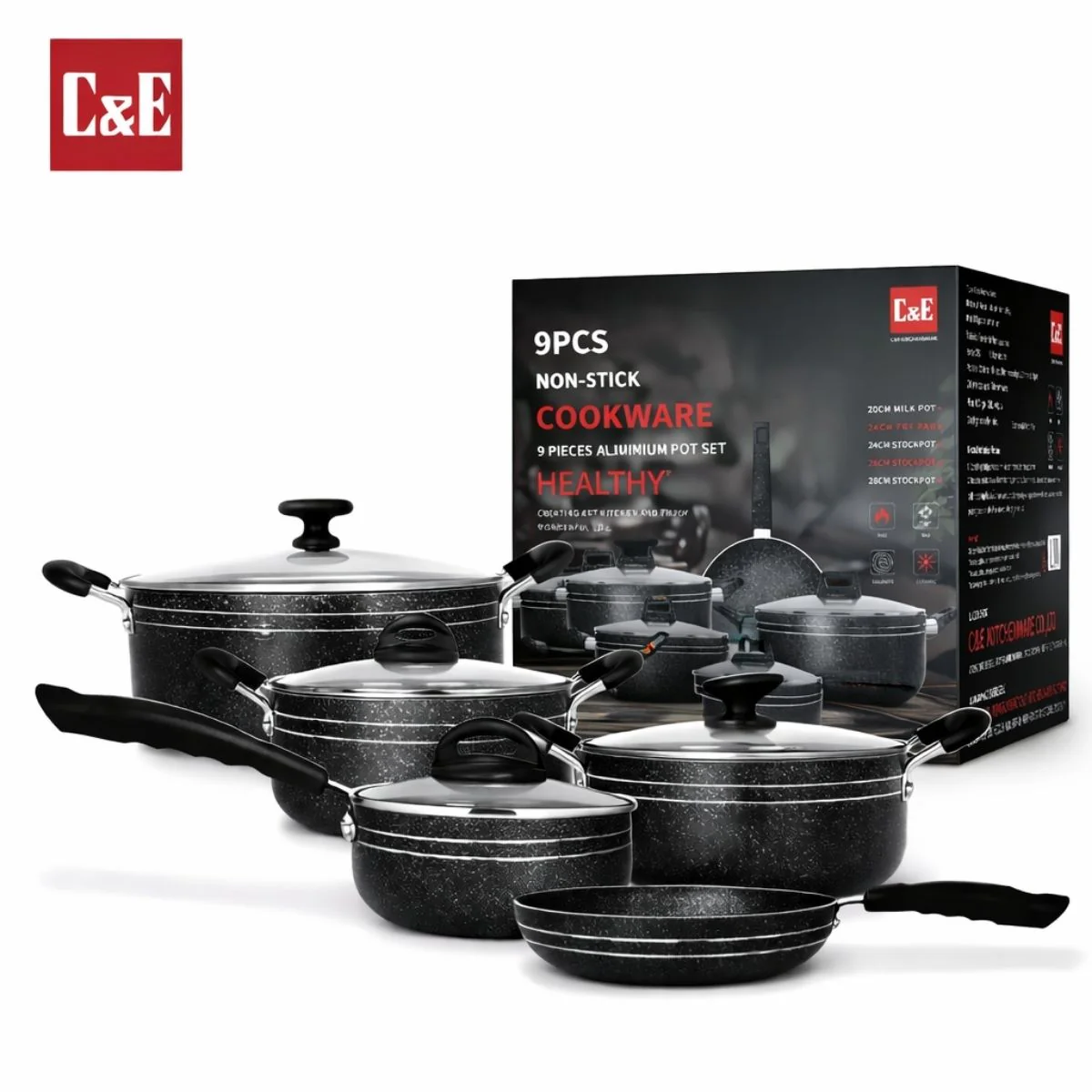 Ollas Y Sartenes Antiadherentes Con Tapas De Vidrio Y Mangos De Baquelita, Cocina Saludable Y Fácil Limpieza. Set De 9 Piezas. 2.2Mm Grosor. Color Negro.