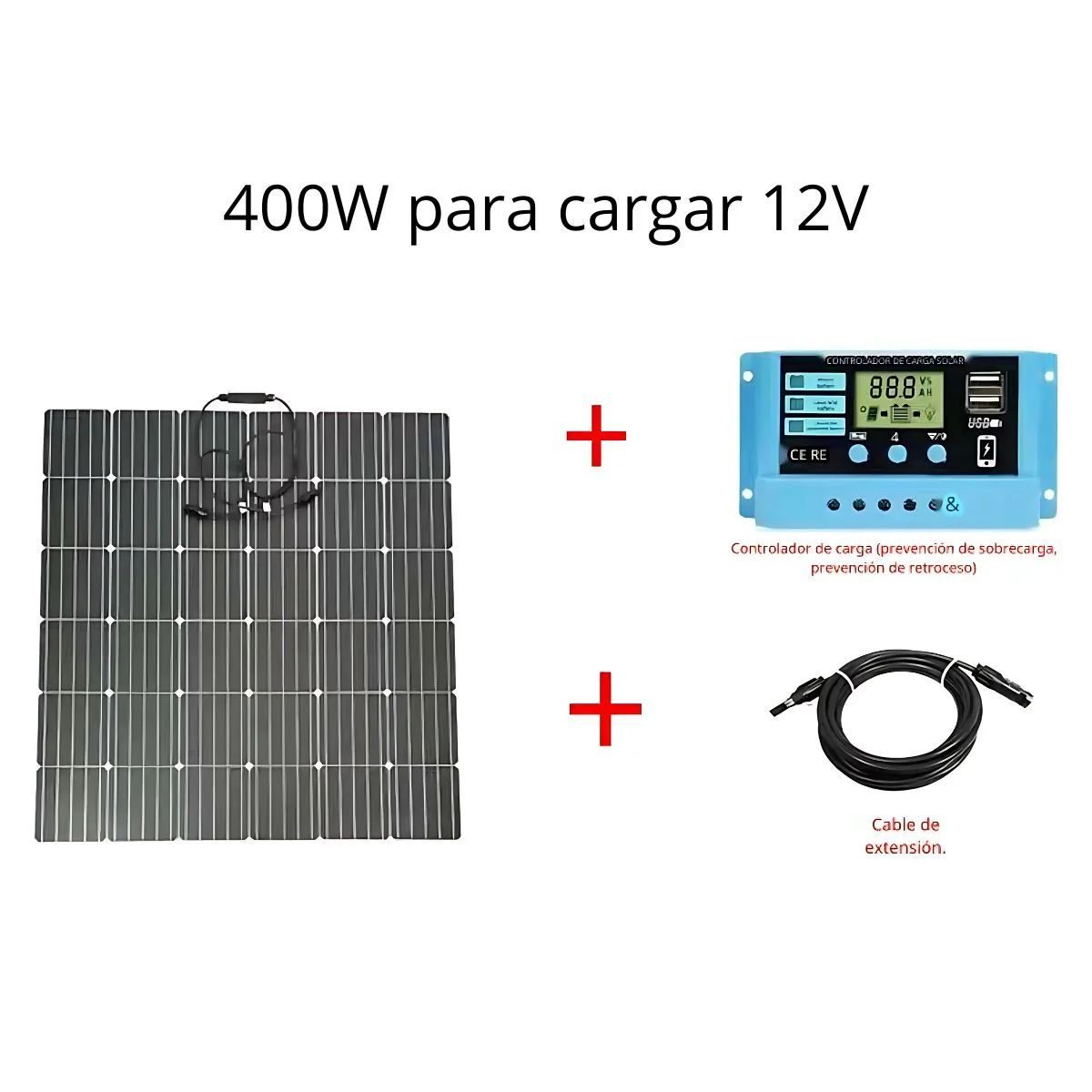 Panel Solar 400W, 12V Monocristalino. Con Controlador De Carga Y Cable. 200X100 Cm. Resistente Al Agua.