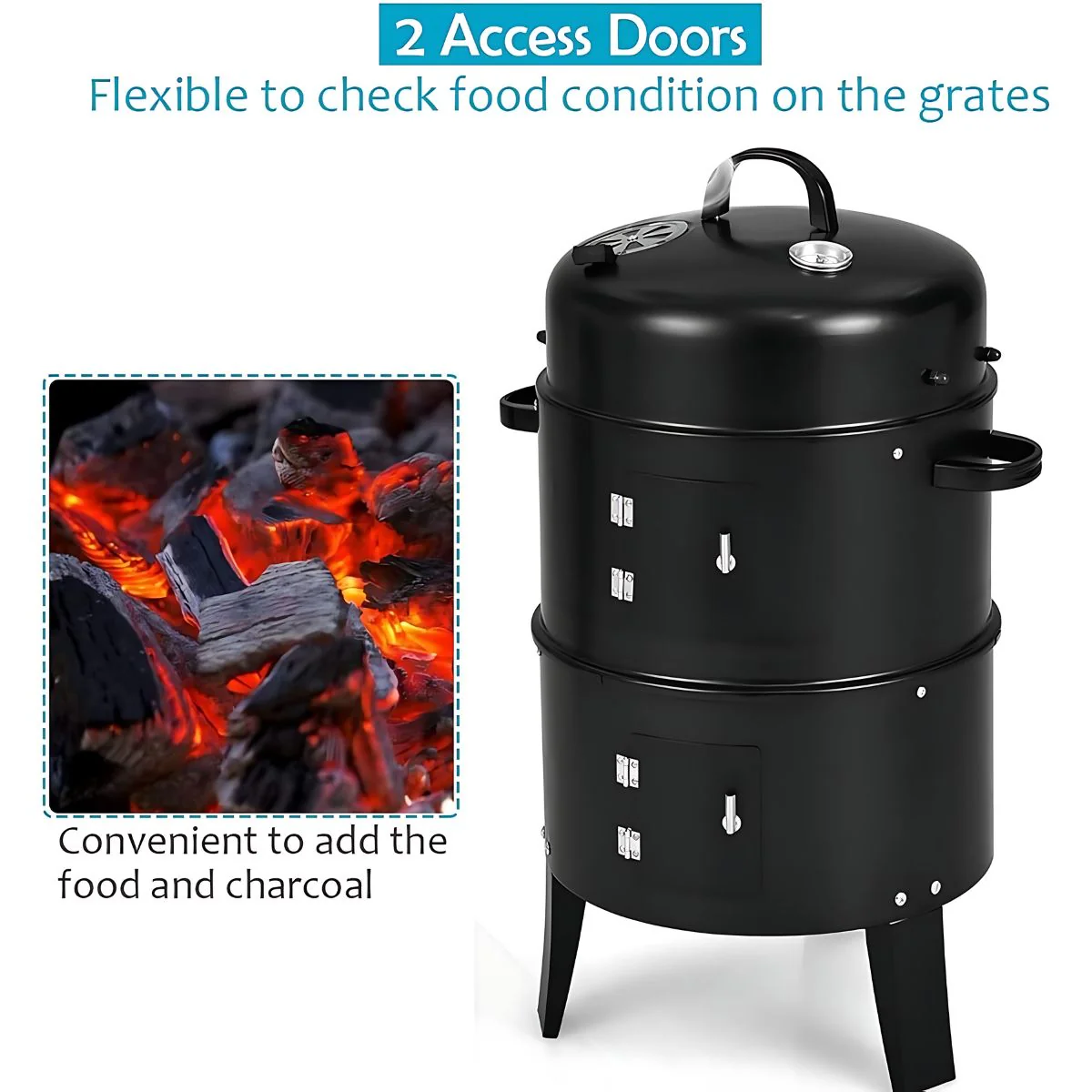 Parrilla Ahumador 3 En 1. BBQ Asador De Carbón Portátil Con Termómetro (51×40.5×80 Cm) Barbacoa. - Image 4