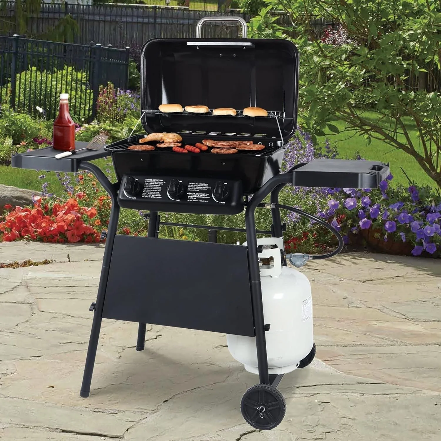 Parrillera BBQ A Gas Con 3 Quemadores Y Estantes Laterales. Encendido Rápido Acero Inoxidable. Medidas: 71X46x43cm