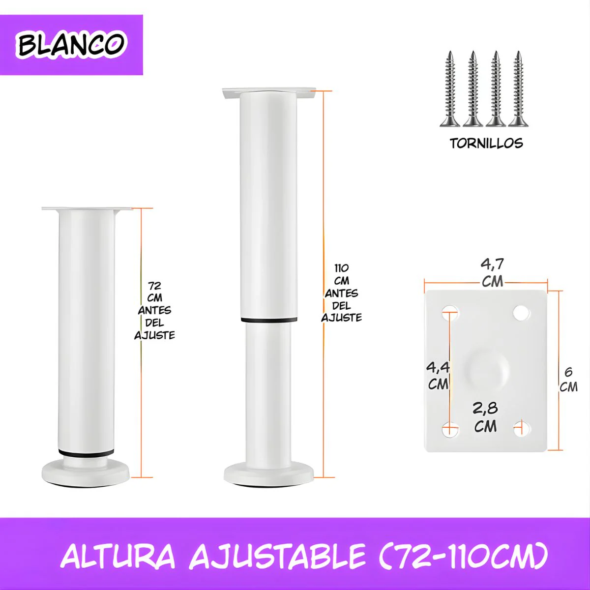 Pata Ajustable Para Muebles 72–110Cm. Soporte Metálico Reforzado Para Sofás, Mesas O Gabinetes. Fáciles De Instalar Y Nivelar. Color Blanco.