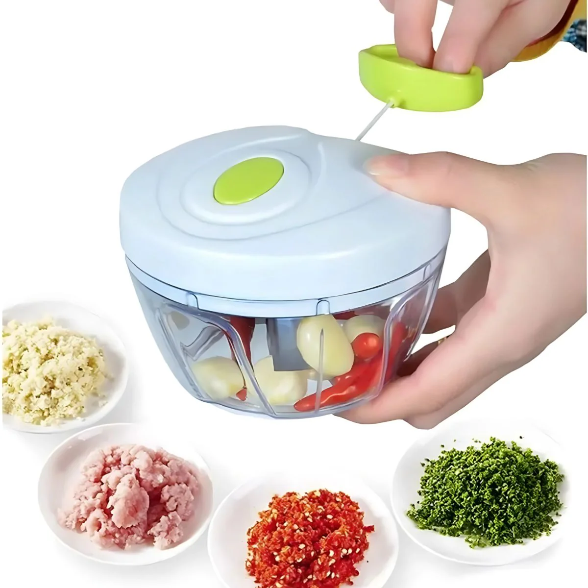 Procesador De Alimentos Manual Por Cuerda. Mini Picador Manual De 3 Cuchillas. Tritura Ajo, Verduras Y Frutas.