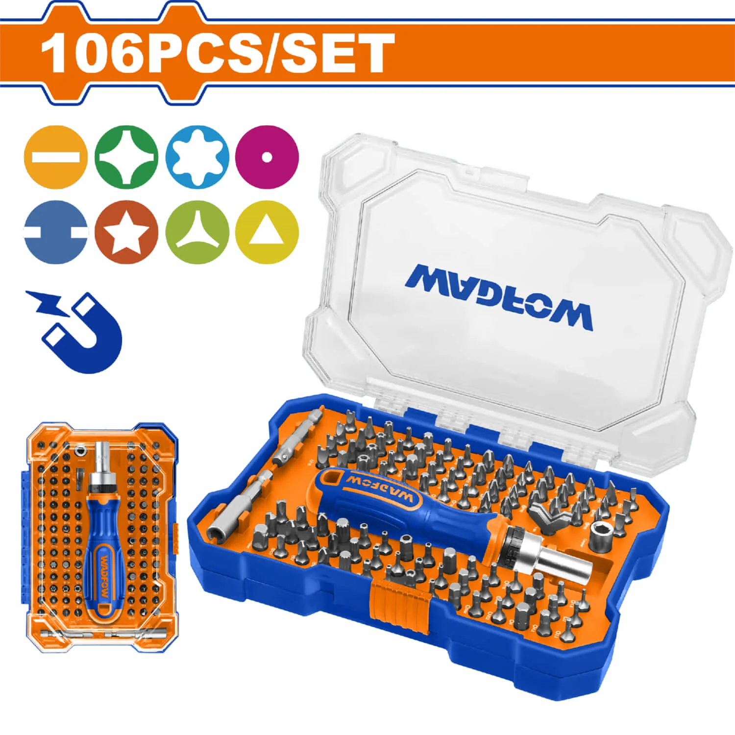 Puntas Para Destornillador Ratchet 1/4″ Incluye Adaptadores, Dados Y Puntas. CR-V. 106 Pzas.