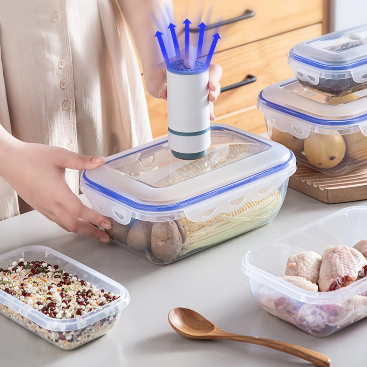 Recipientes Herméticos Al Vacío Con Bomba Eléctrica – Conservación Fresca 580Ml, 1300Ml Y 2500Ml. Set De 3 Piezas. Vasijas. Cajas De Almacenamiento Selladas. Envases Plasticos
